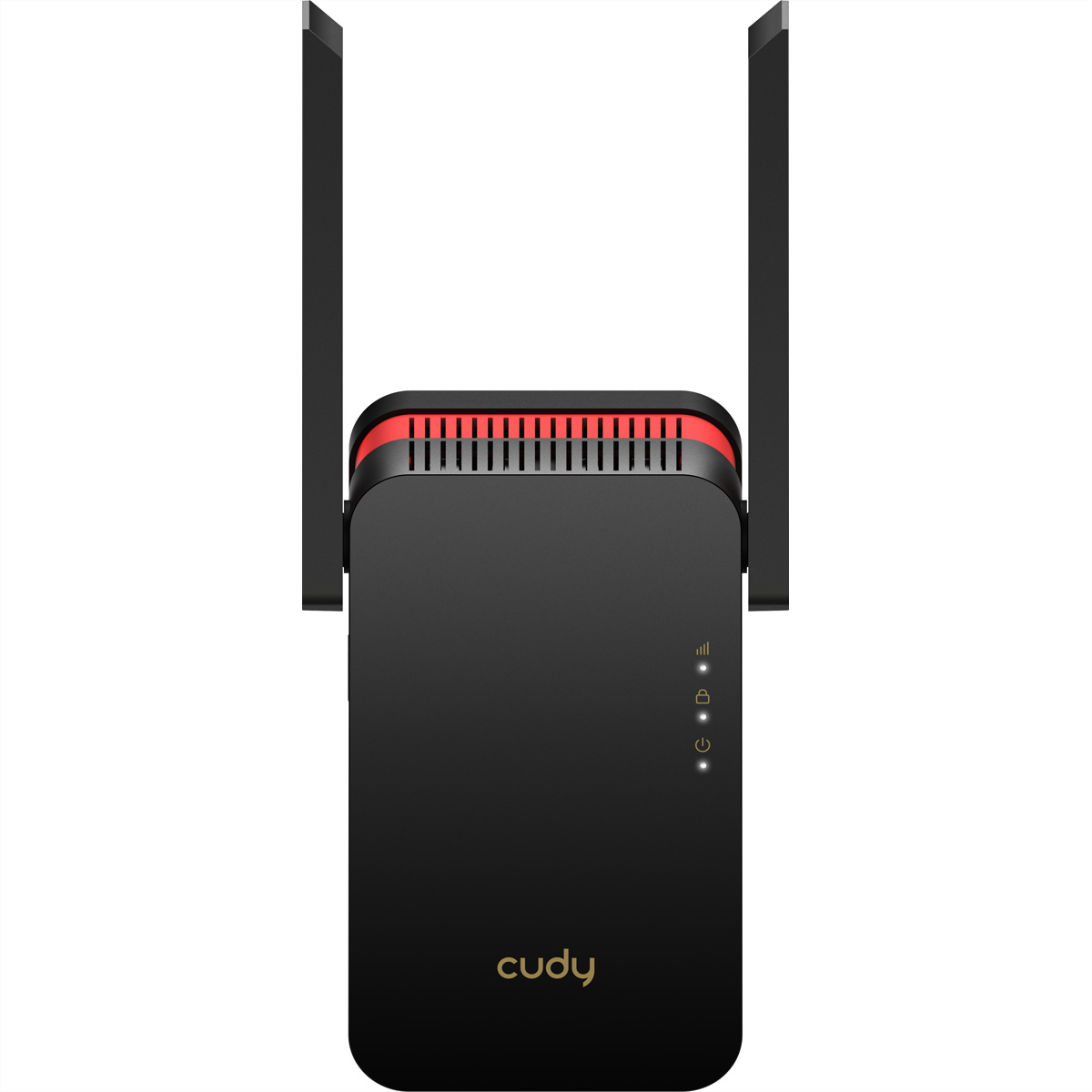 Schwarzer und roter WLAN-Repeater mit zwei Antennen, Vorderansicht.