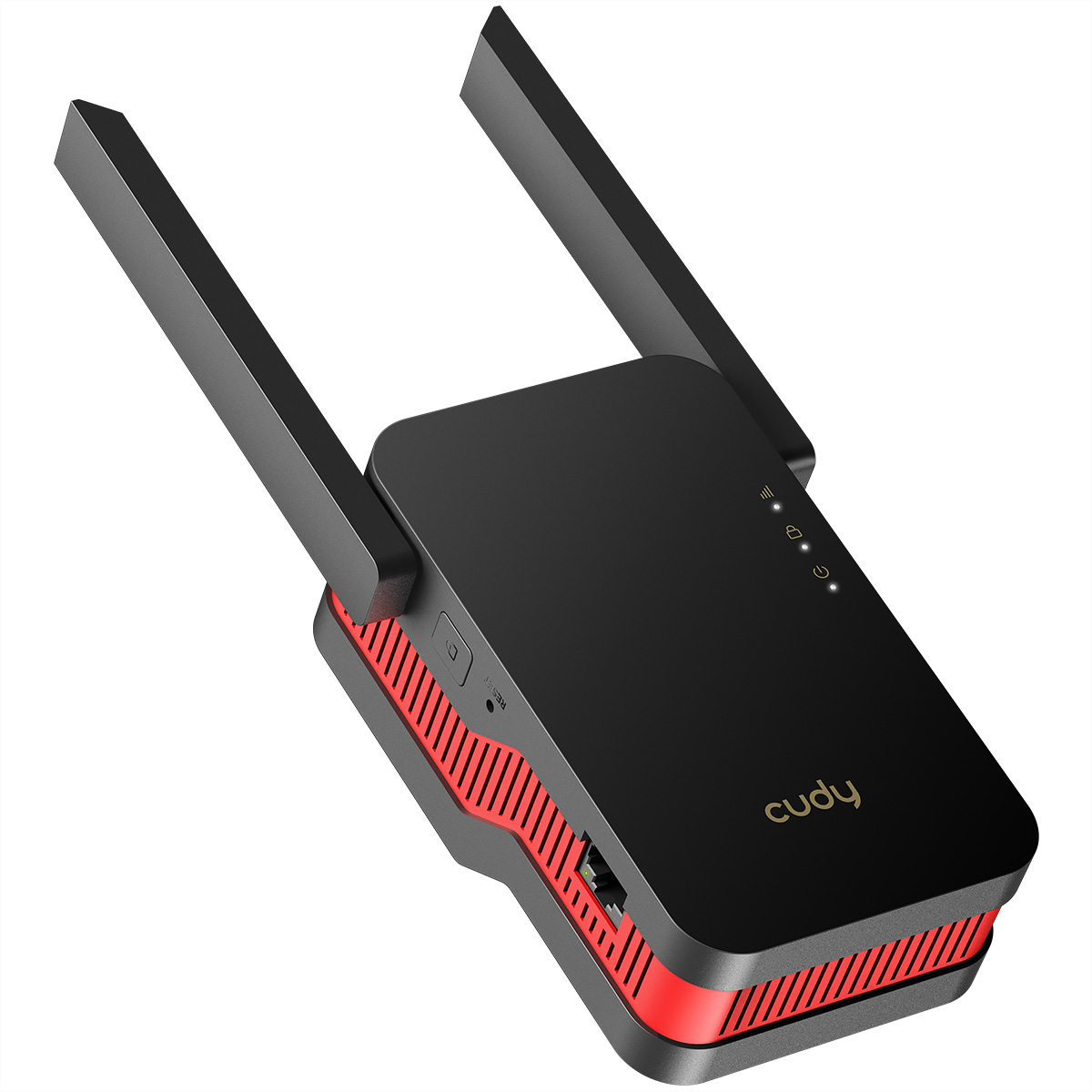 Schwarzer und roter WLAN-Repeater, schräge Ansicht, mit zwei Antennen.