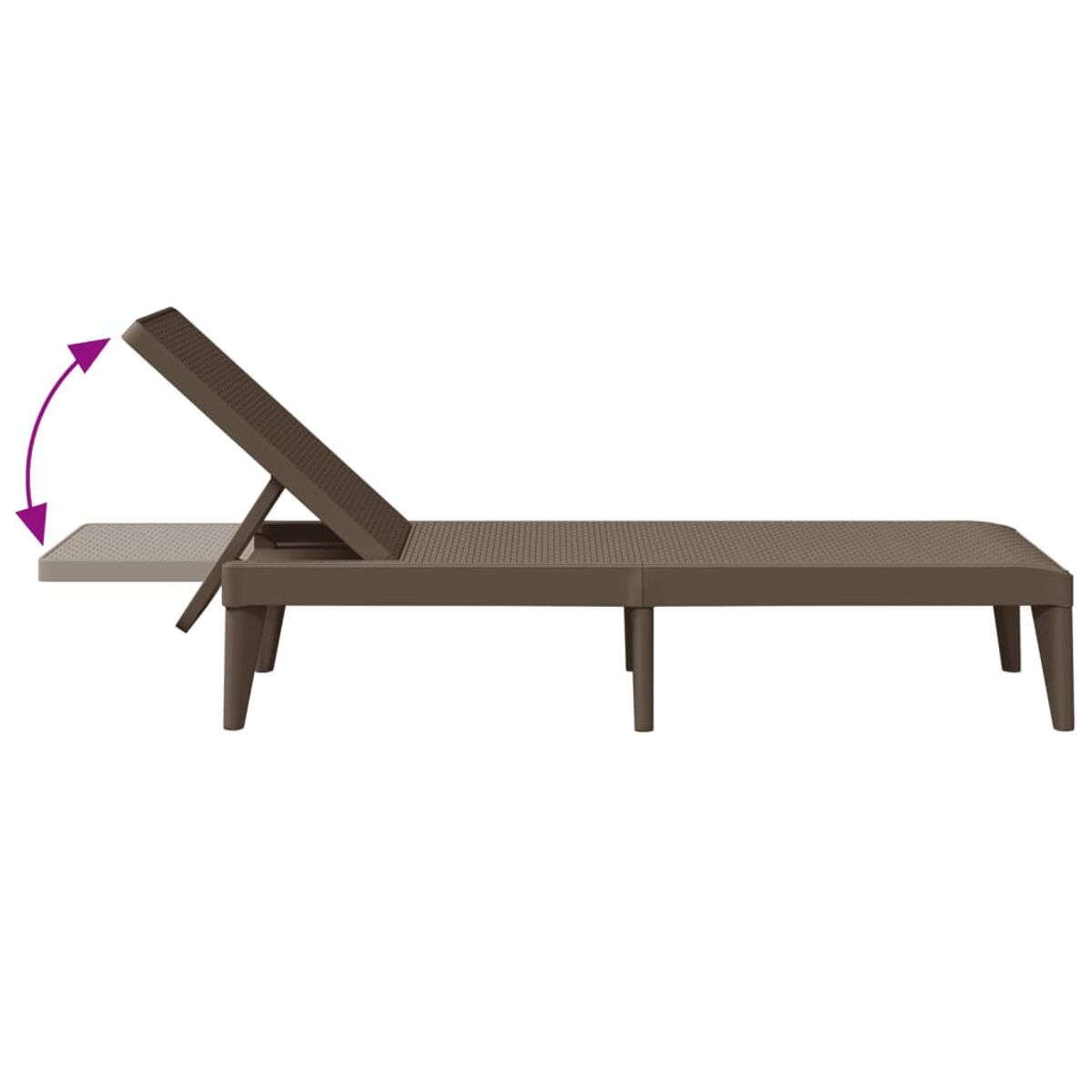 Eine braune Chaiselongue mit verstellbarer Rückenlehne. Ein Pfeil zeigt, wie sich die Rückenlehne nach oben bewegt.