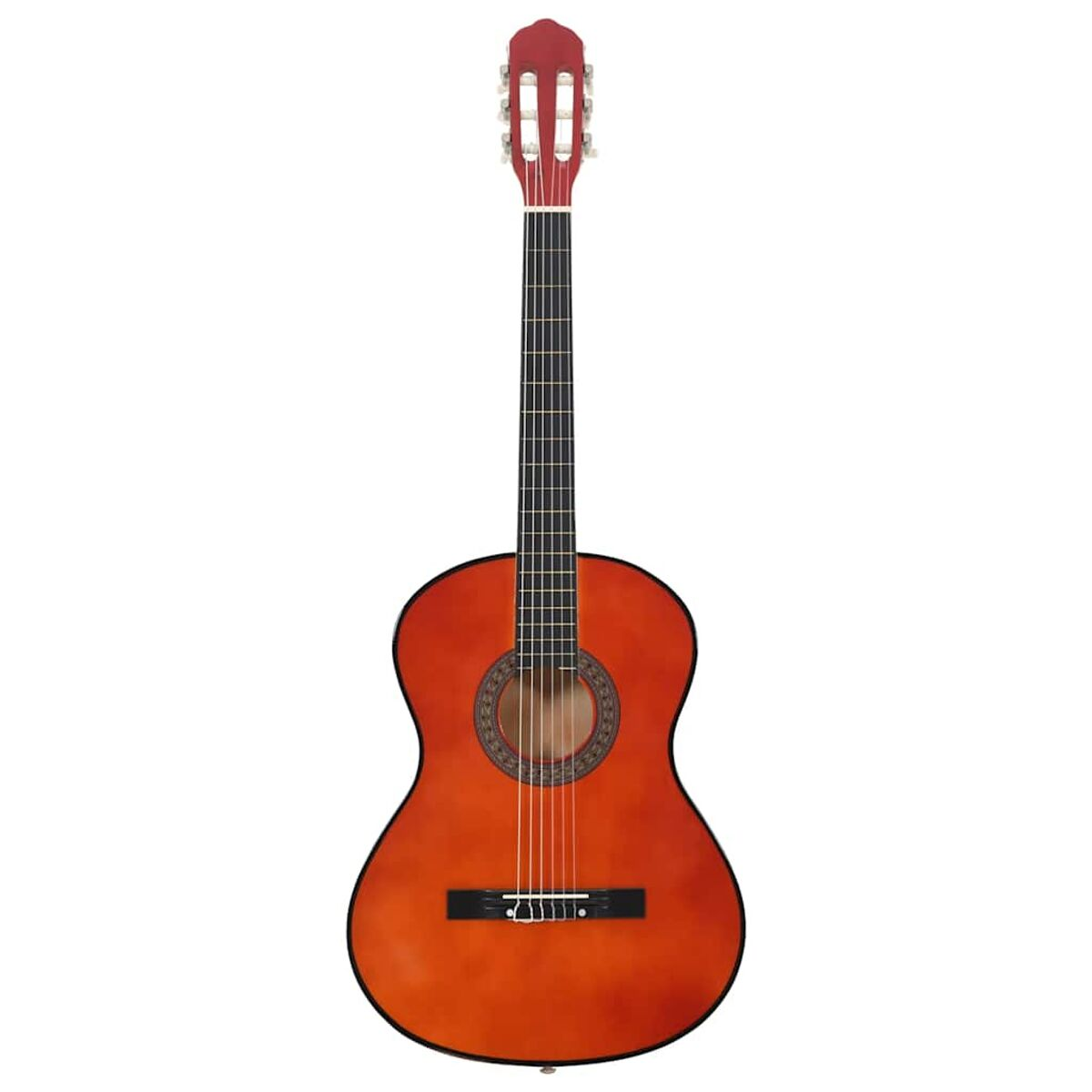 Akustikgitarre mit orangefarbenem Korpus, schwarzen Saiten und Griffbrett.