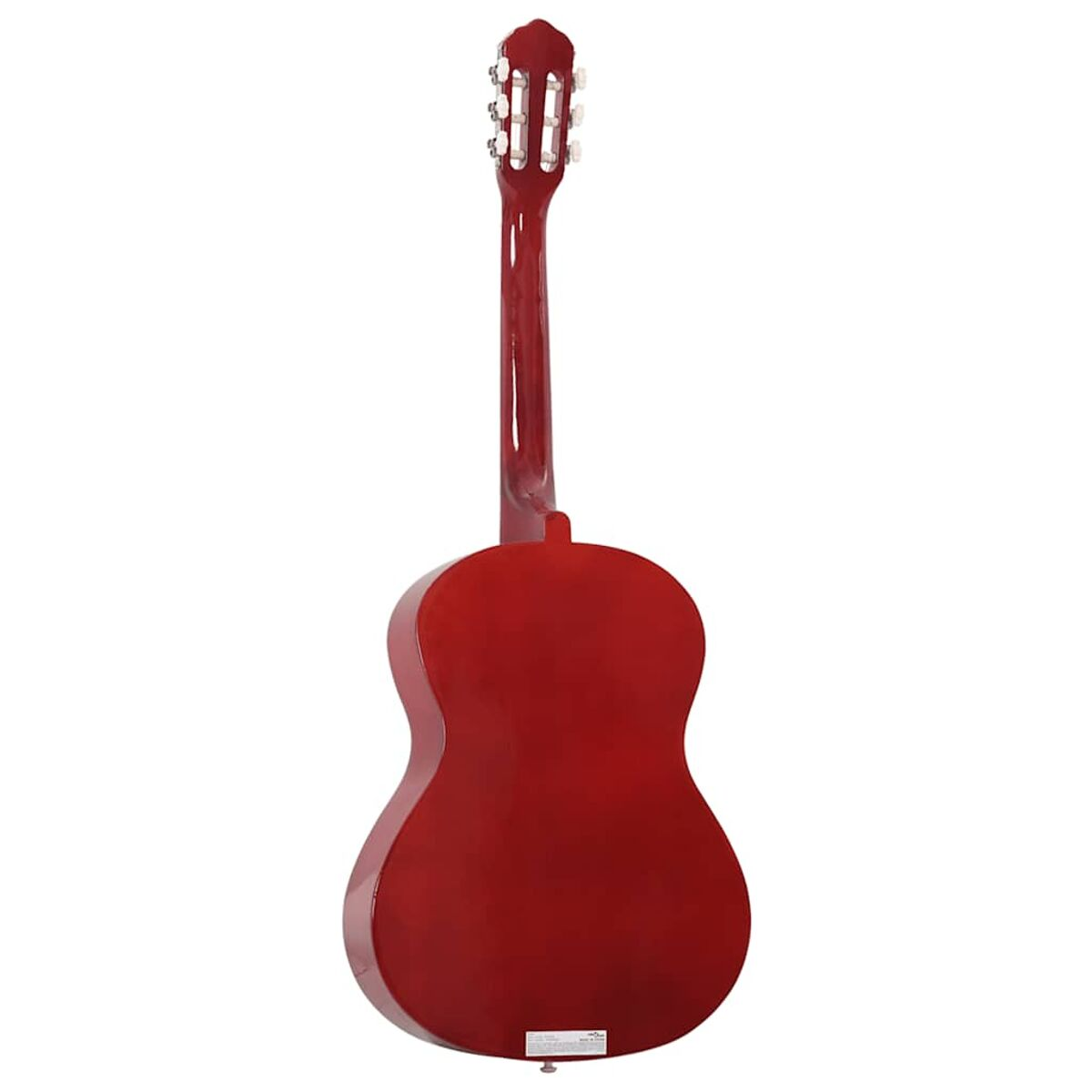 Rote klassische Gitarre, Rückansicht. Die Gitarre ist glänzend und zeigt Rückseite von Korpus und Hals.