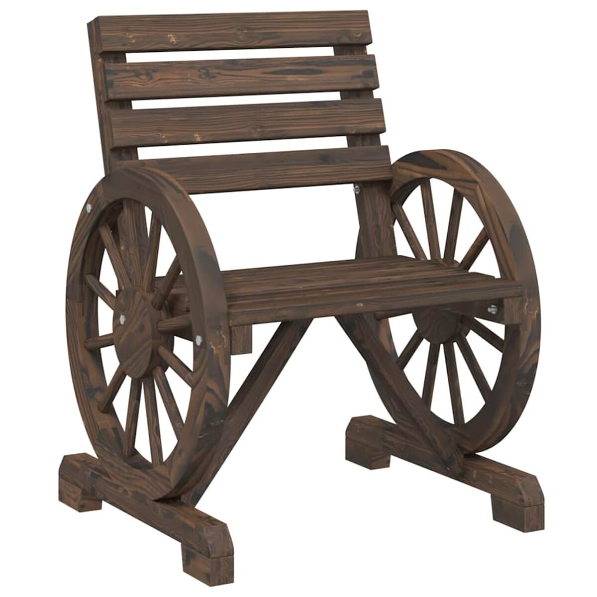 Ein dunkelbrauner Holzstuhl mit Rädern an den Seiten. Eine Rückenlehne mit horizontalen Lamellen ist sichtbar.