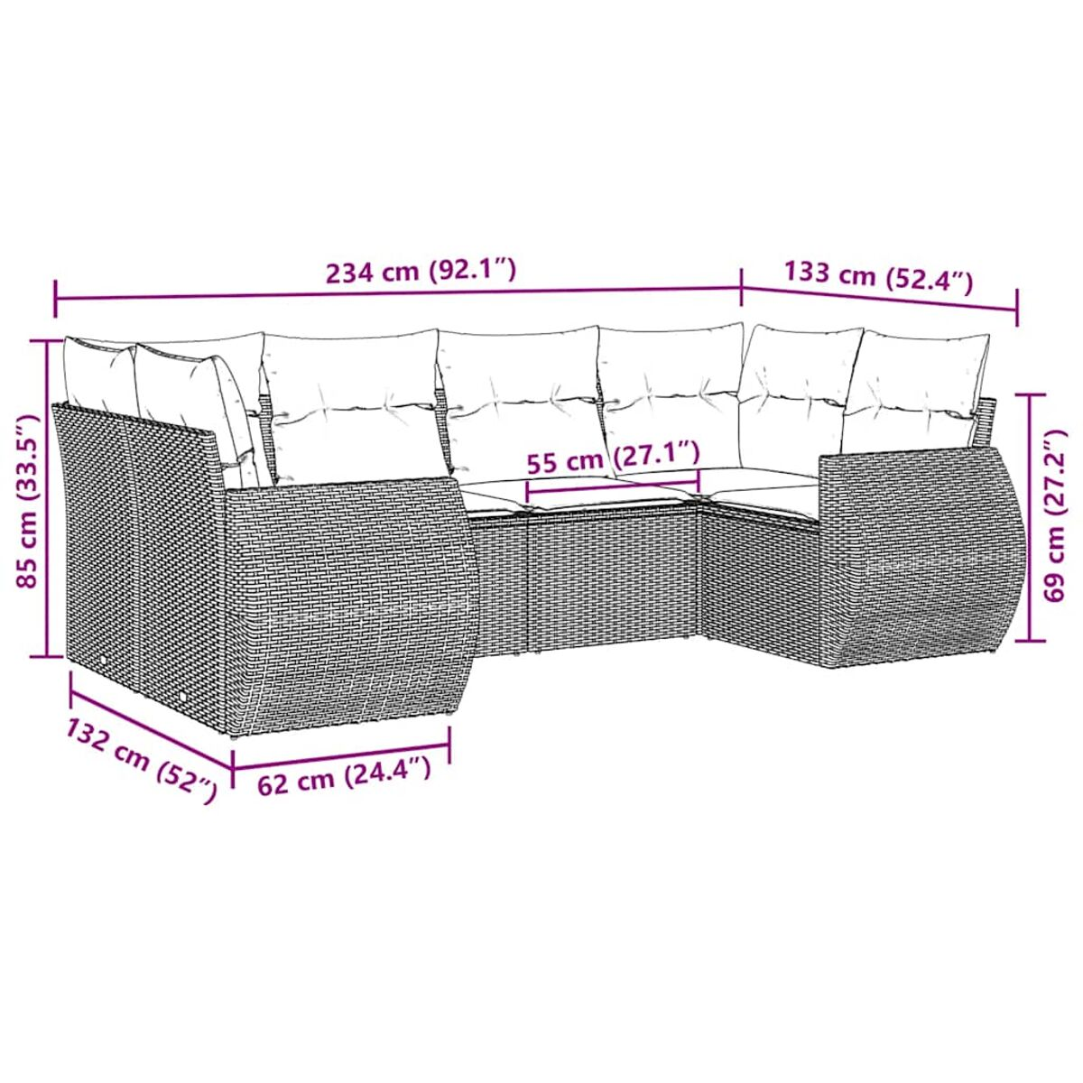 Großes, gewebtes Outdoor-Ecksofa mit Abmessungen. Inklusive Kissen auf Sitz- und Rückenlehnen. Weißer Hintergrund.