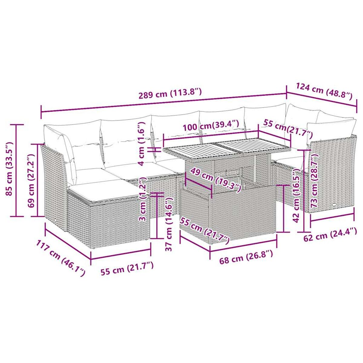 Ein Gartenmöbel-Set mit Maßen. Es hat ein Sofa, Tisch und Stühle, alles aus Korbgeflecht.