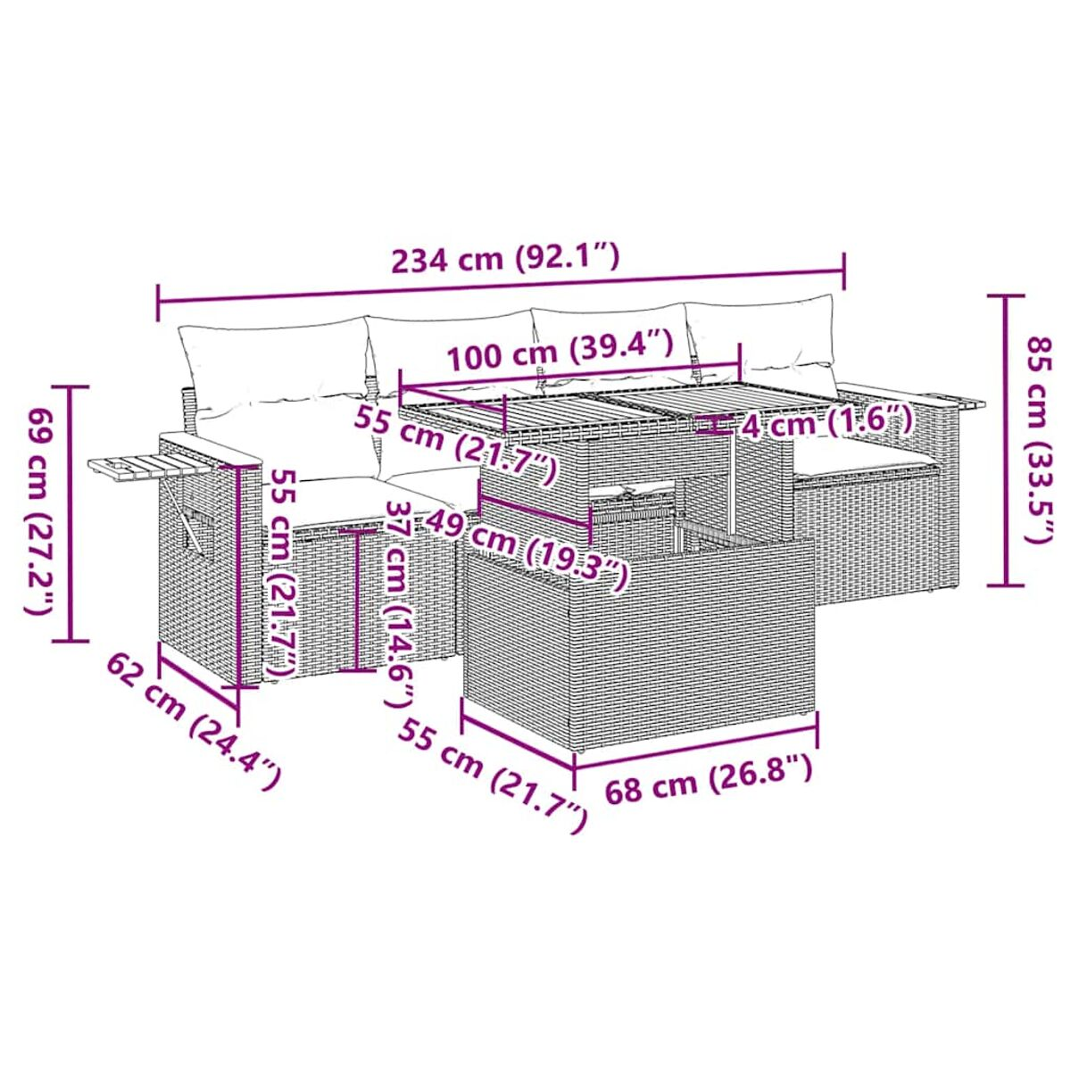 Set di mobili da patio in rattan con tavolo e sedie; le dimensioni sono indicate.