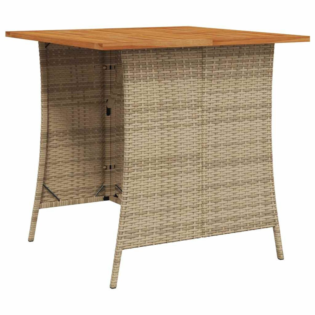 Tavolo da bar quadrato per esterni. Ha un piano in legno e una base beige intrecciata con quattro gambe.