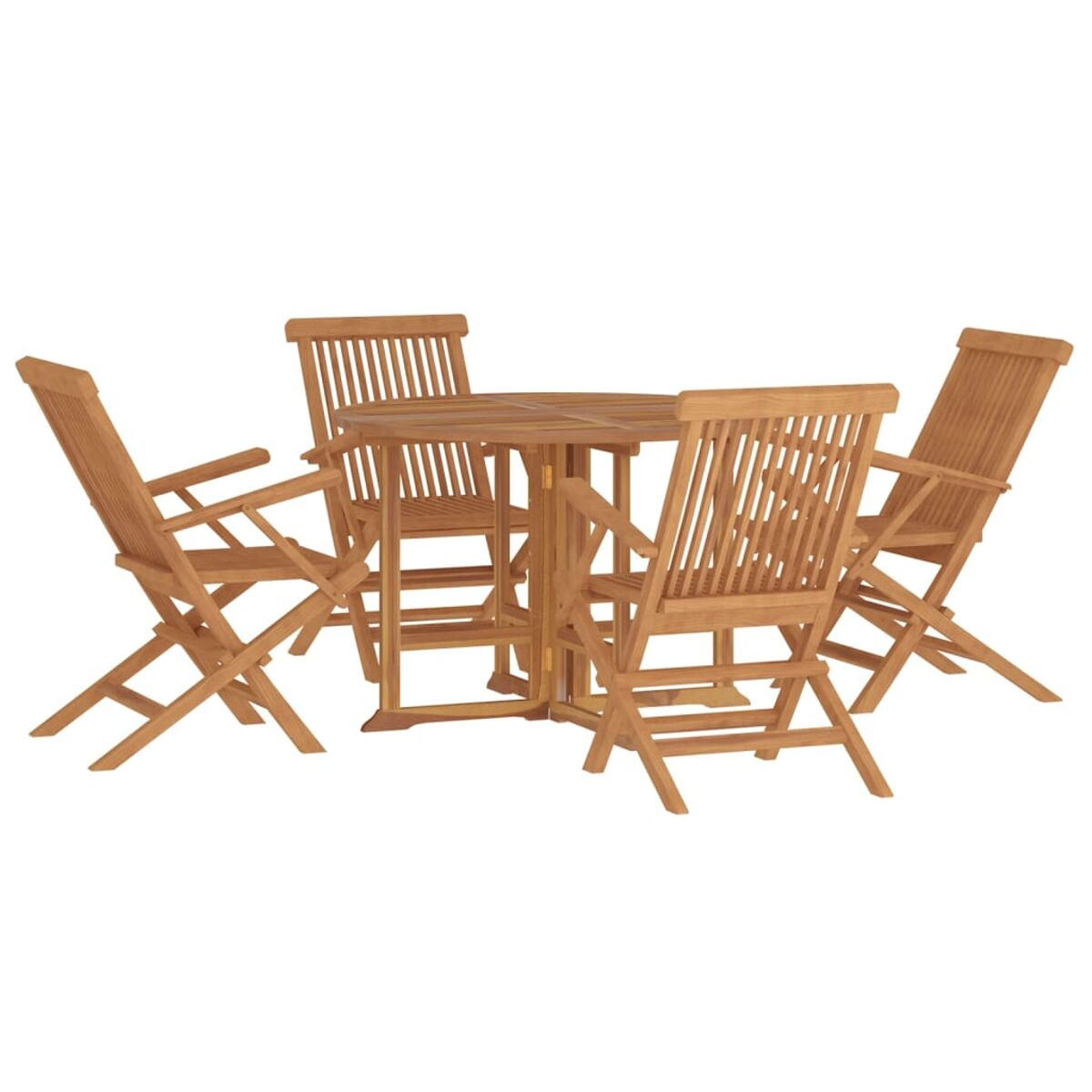 Gartenmöbel-Set aus Holz auf weißem Hintergrund. Enthält einen Tisch und vier Stühle.