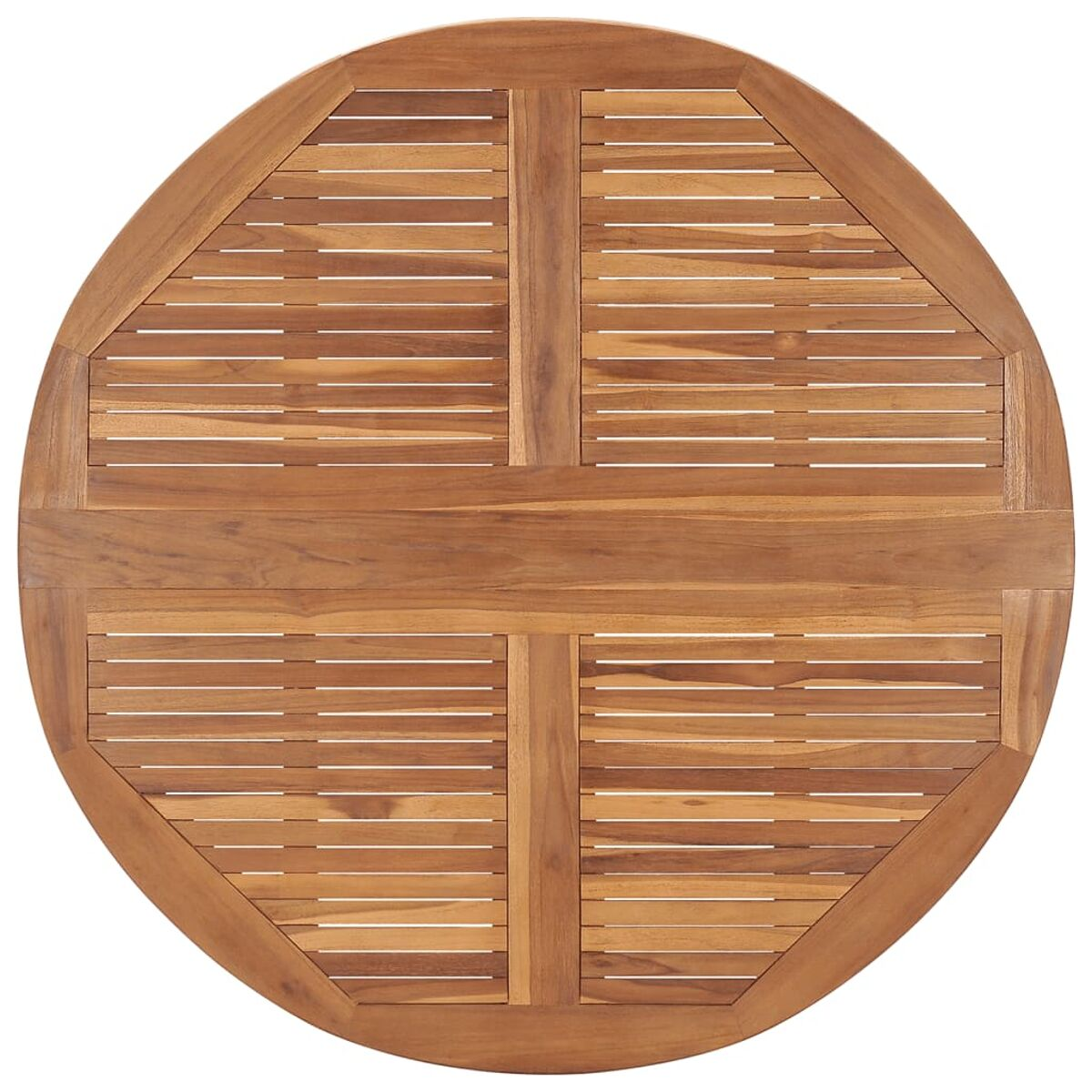 Holztischplatte mit kreisförmigem Design und einem symmetrischen Lamellenmuster.