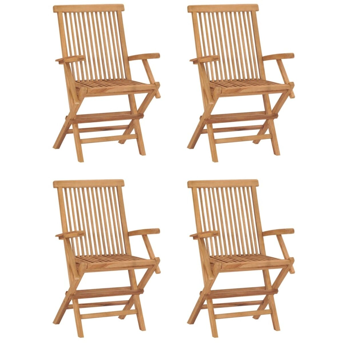 Vier Holzstühle für den Außenbereich. Faltbares Design. Braune Farbe. Weißer Hintergrund.
