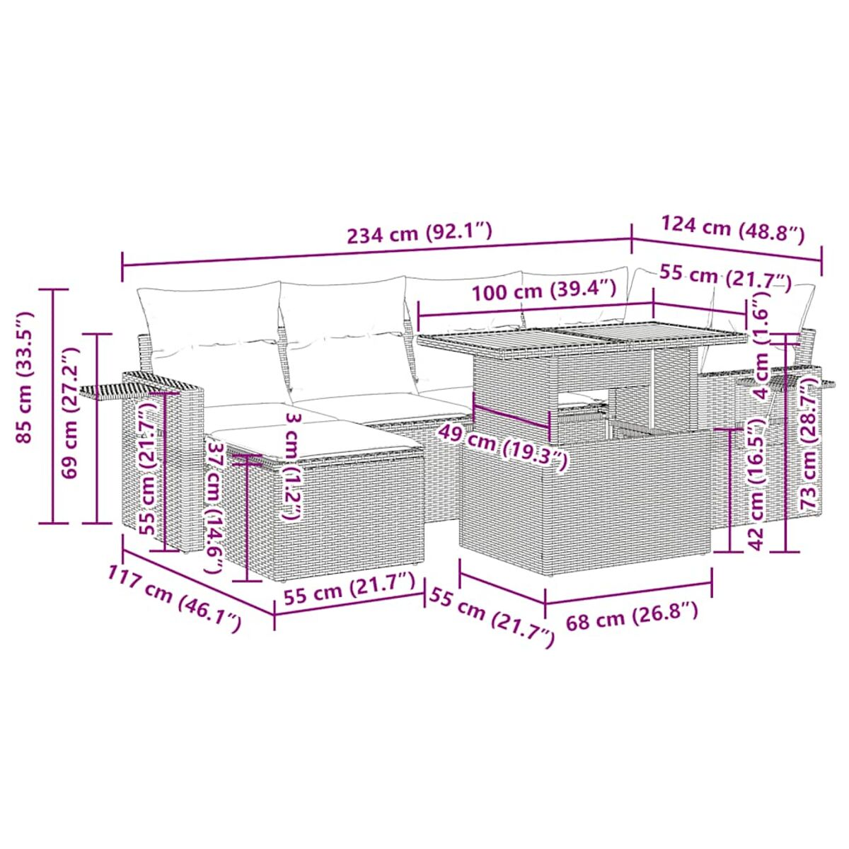 Set di mobili in rattan per esterni con dimensioni. Include divano, tavolo e sedie.