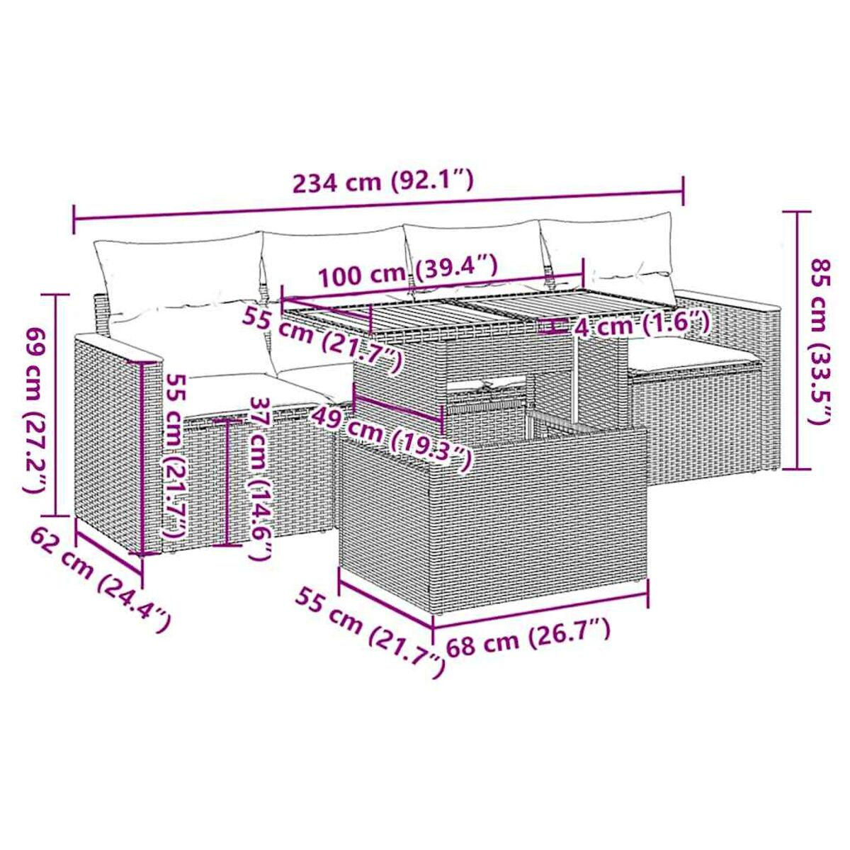 Set di mobili in vimini da esterno con dimensioni espresse in centimetri e pollici.