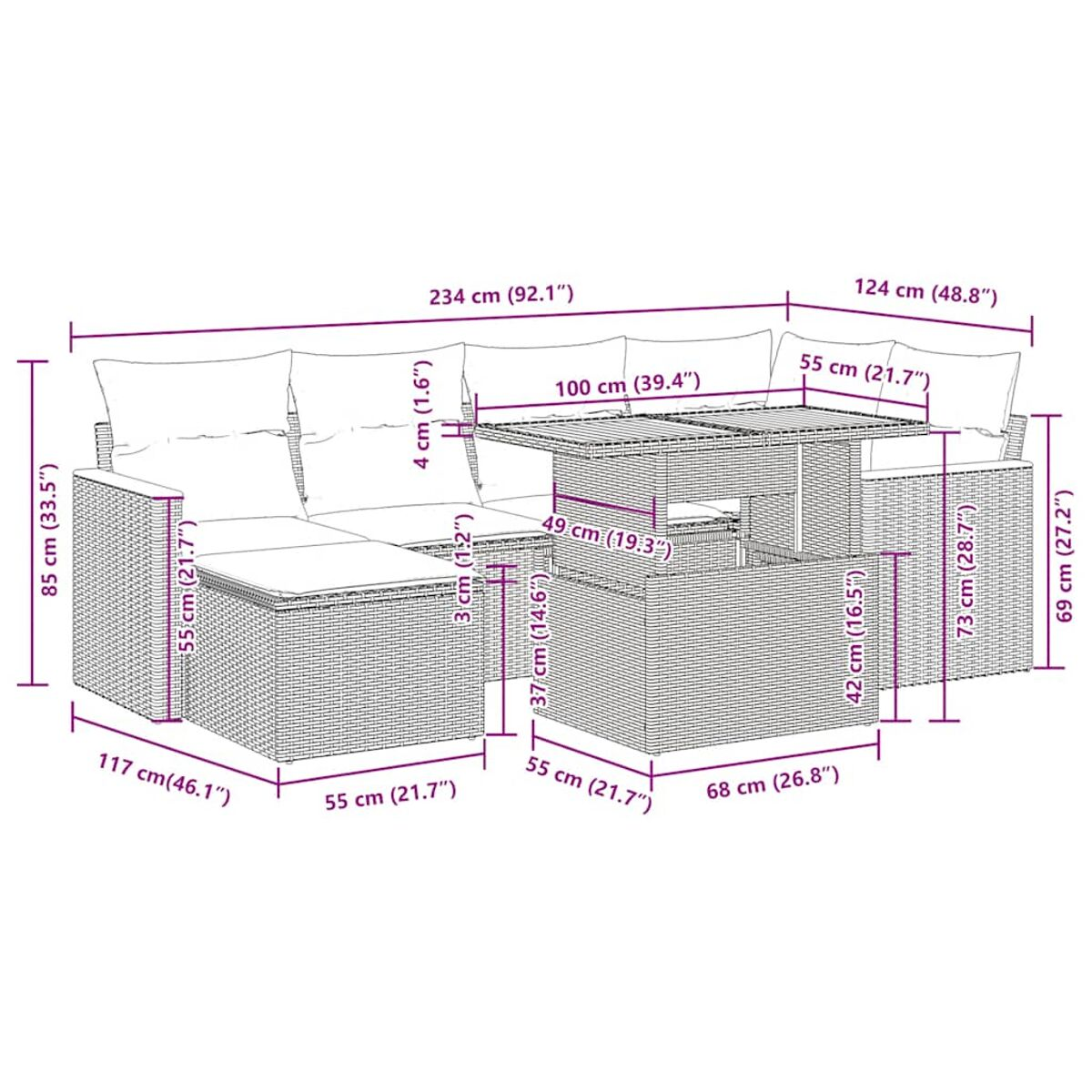 Diagramma di un set di sedute da esterno con dimensioni in centimetri e pollici. Include un tavolo e delle sedute.