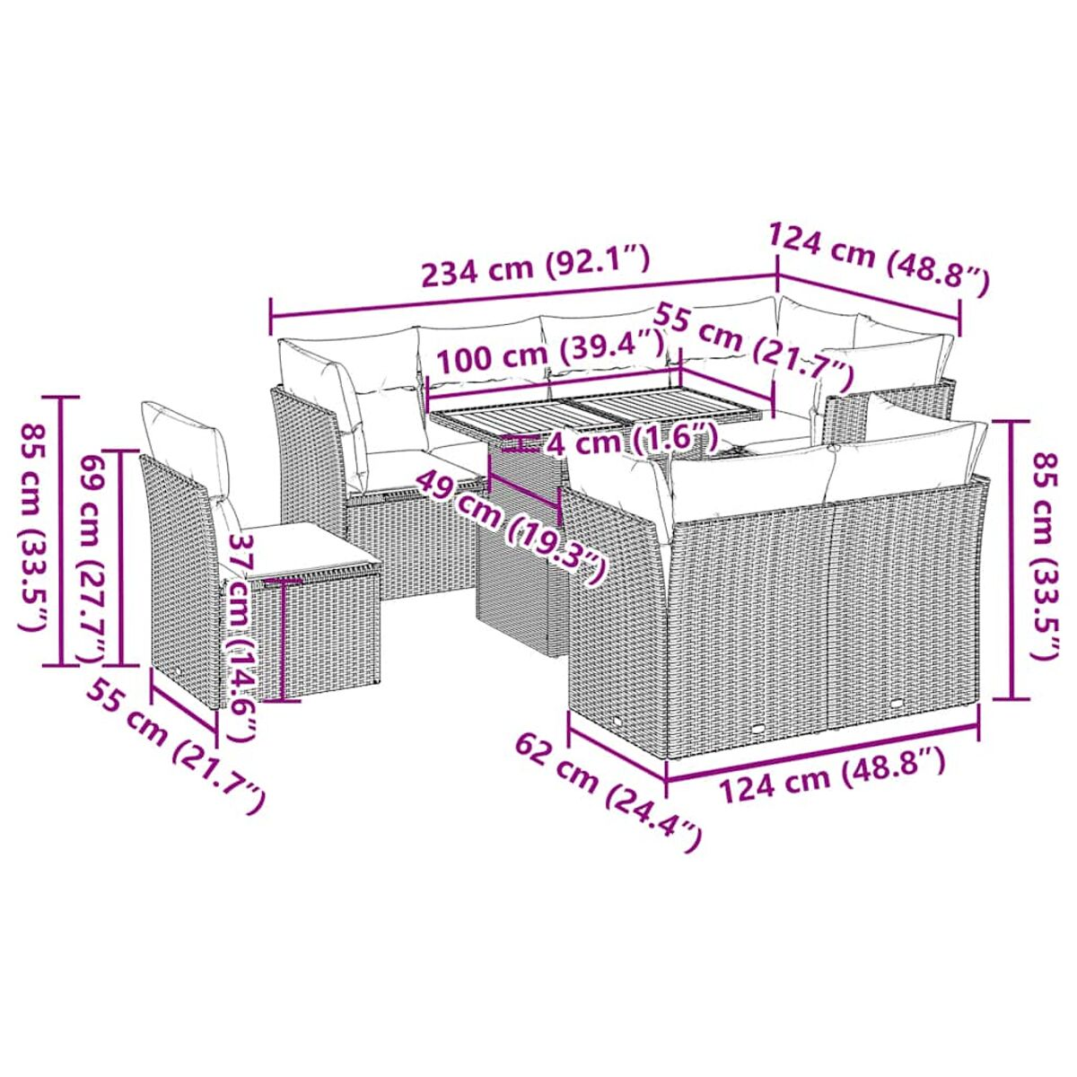 Set di mobili da esterno in rattan con dimensioni. Include un divano, un tavolo e sedie.