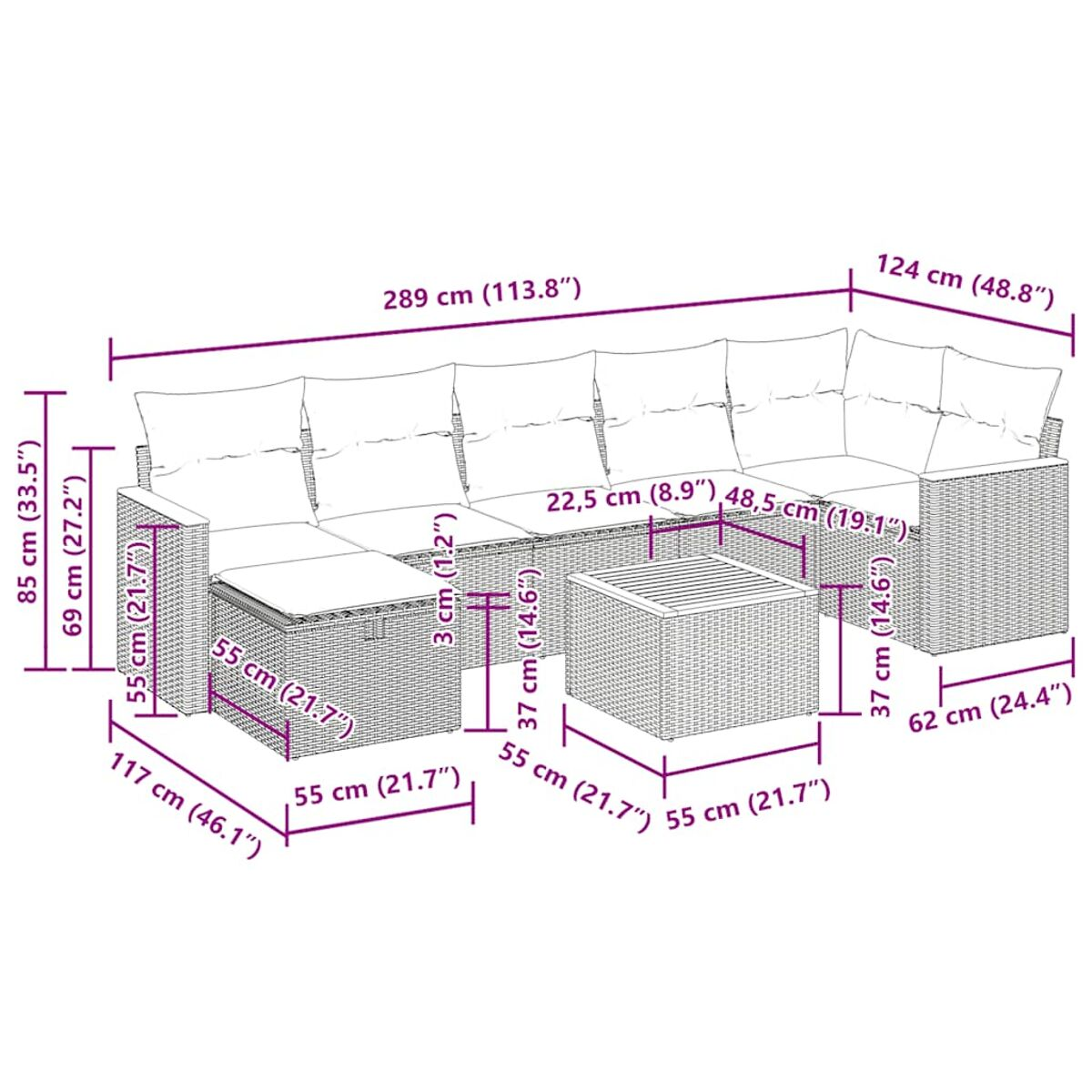 Diagramm eines Korbmöbelsofas mit Abmessungen in cm und Zoll, das ein Sektionslayout zeigt.