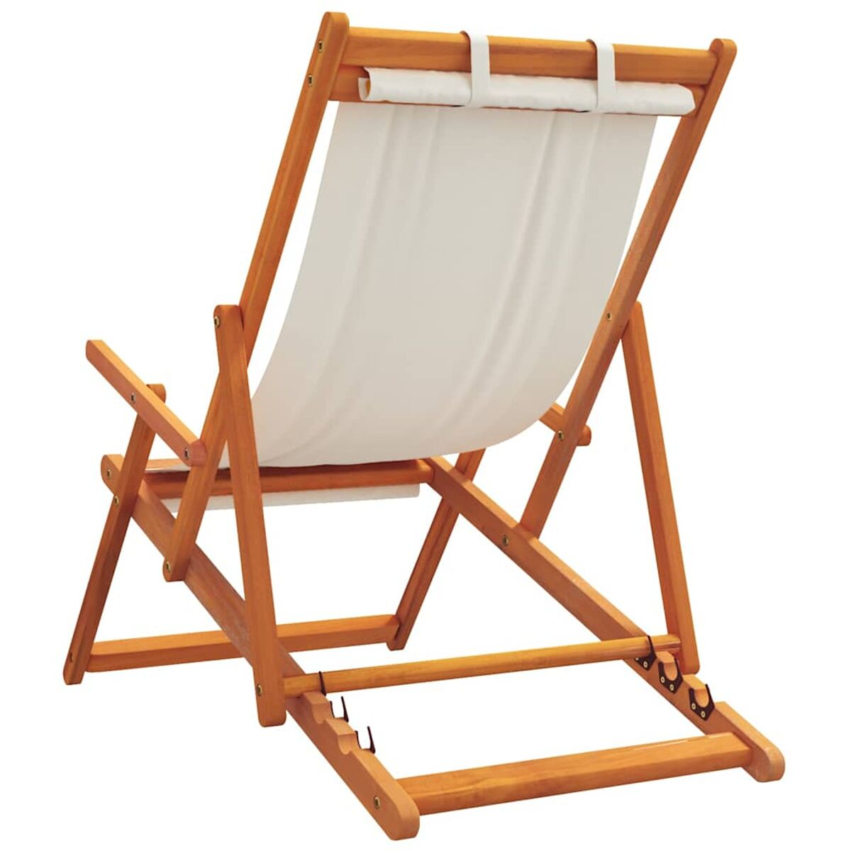Holz-Strandstuhl mit weißem Stoff. Rückansicht, gefaltet, auf weißem Grund.