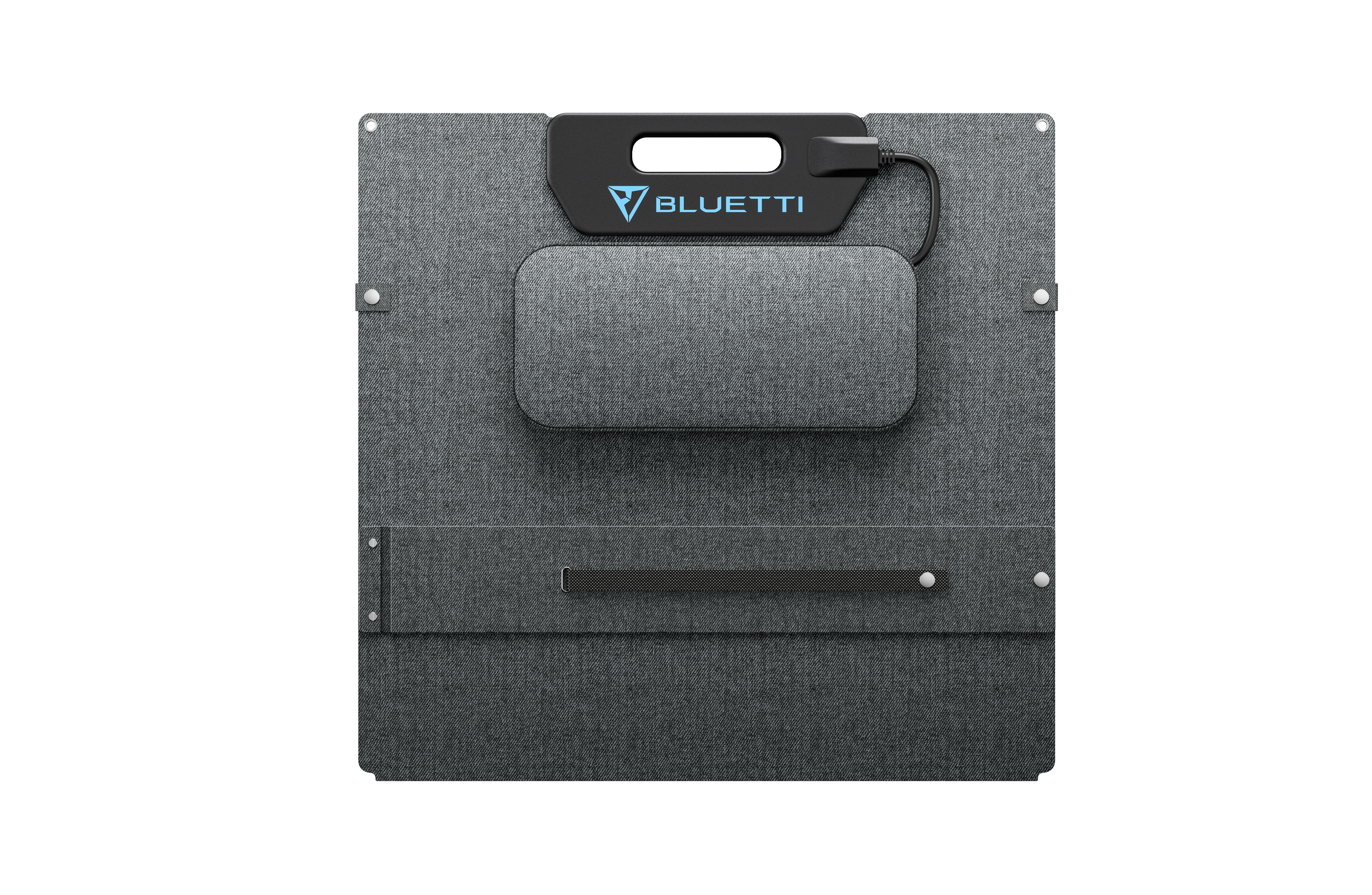 Szary składany panel słoneczny z czarnym logo Bluetti i uchwytem. Szara tkanina z czarnym prostokątem.