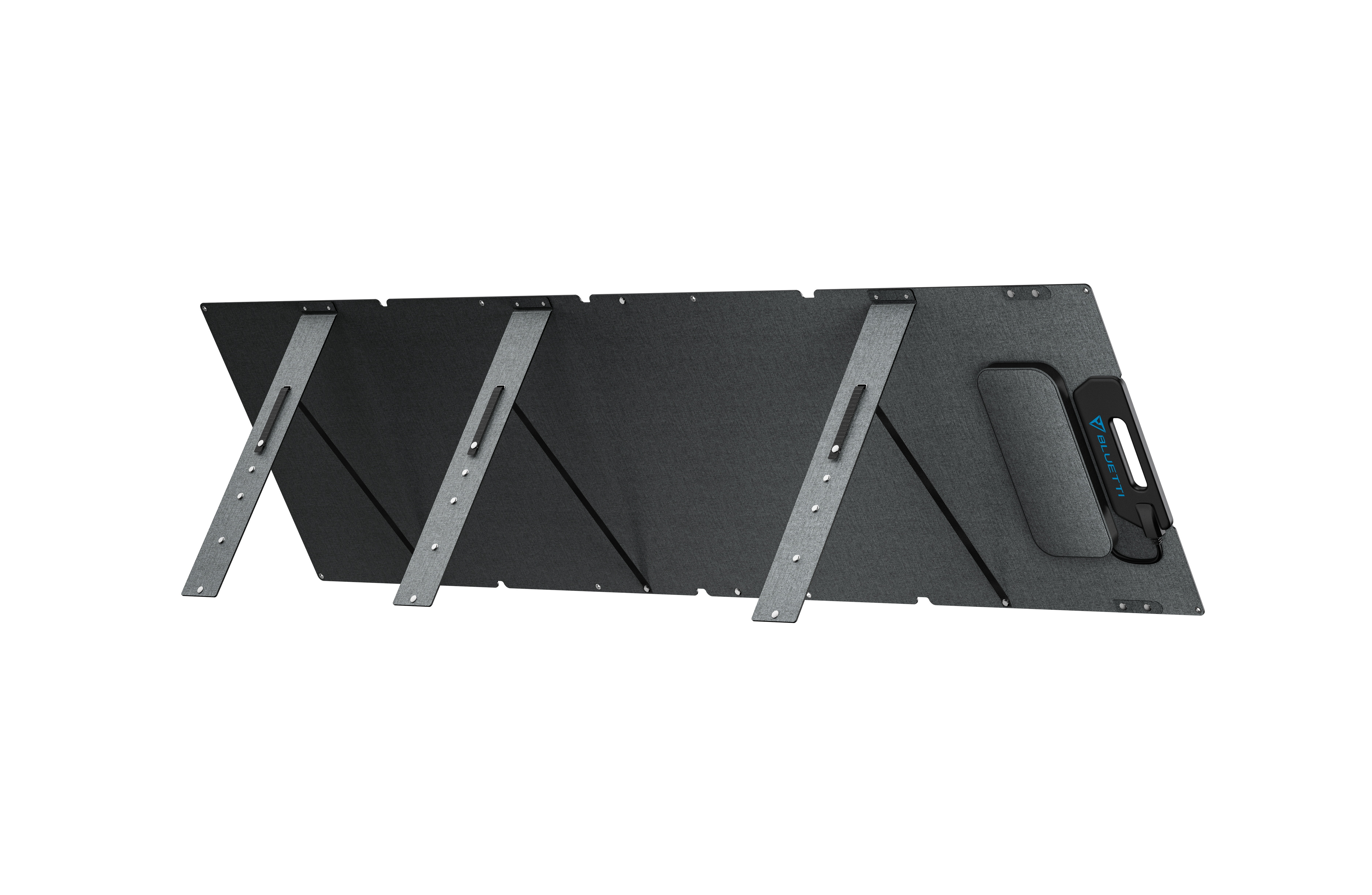 Składany, kątowy czarno-szary panel słoneczny, z czarnym uchwytem i logo.