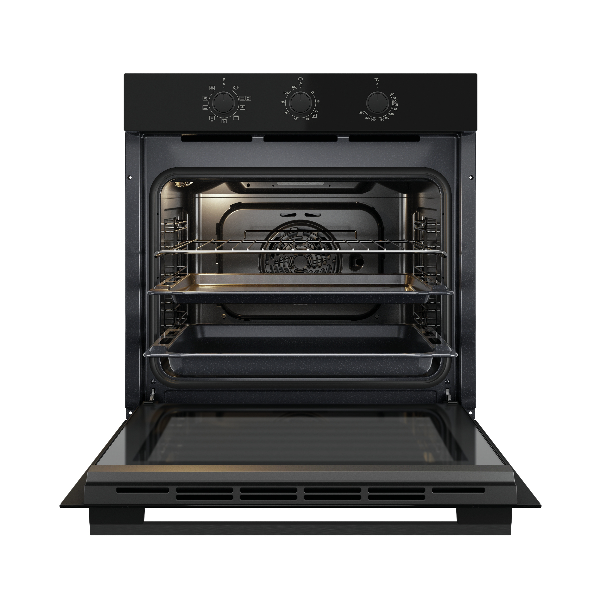 Forno nero con porta aperta. All'interno, due griglie e una teglia. Pannello comandi con manopole sopra.