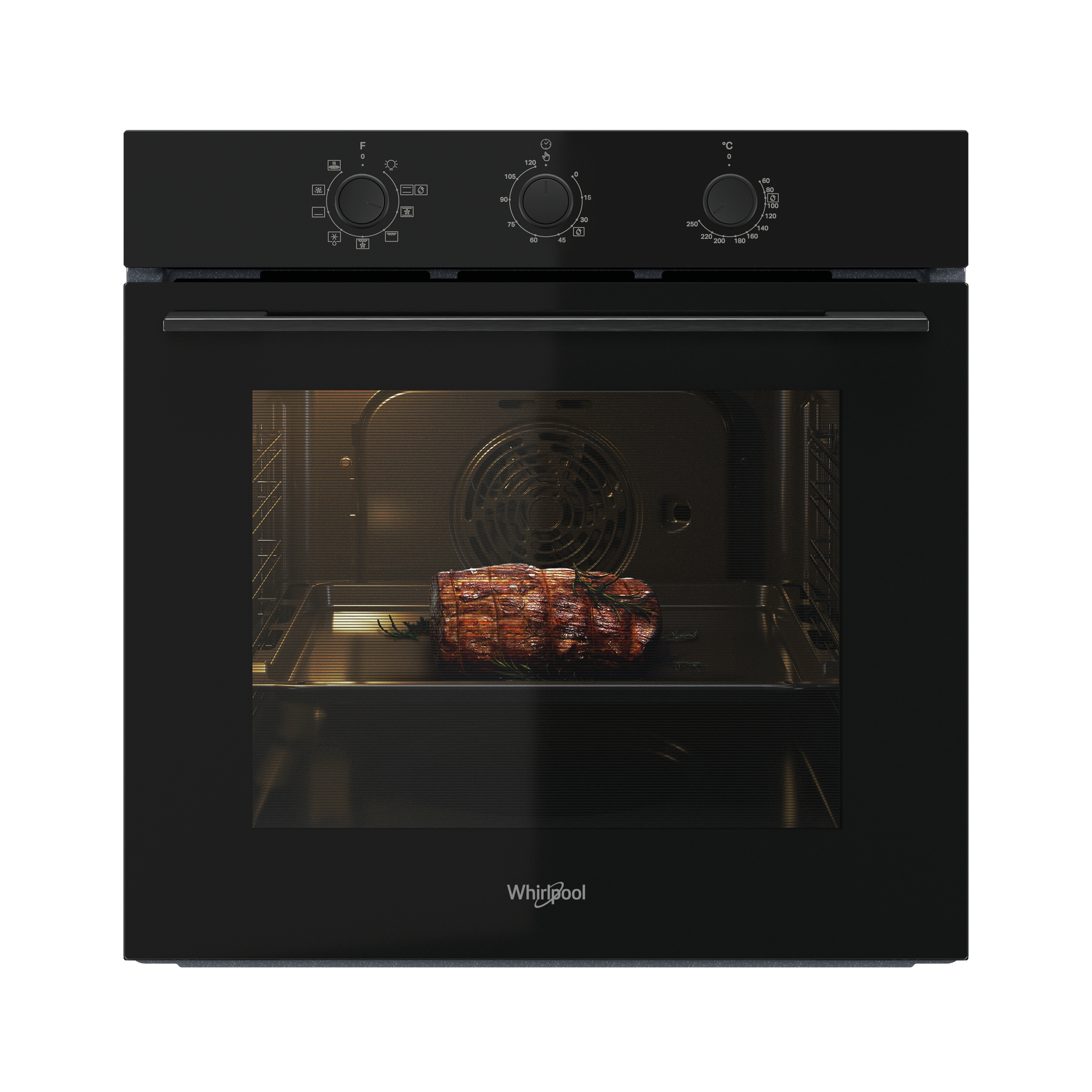 Forno nero con porta chiusa. All'interno, carne arrosto con erbe. Pannello di controllo nero.