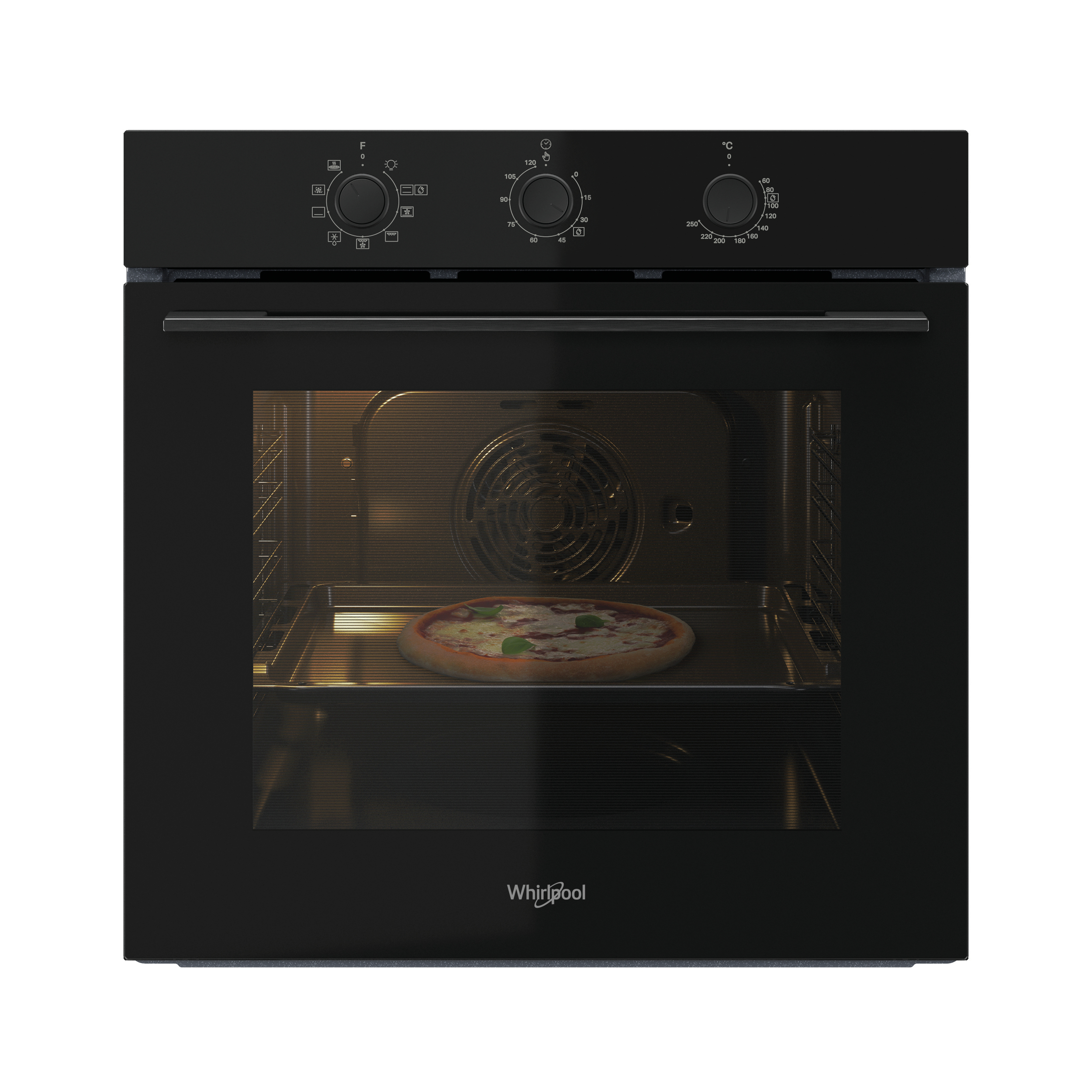Un forno nero con una pizza dentro. Il forno è aperto, mostrando una pizza su un vassoio e l'interno.