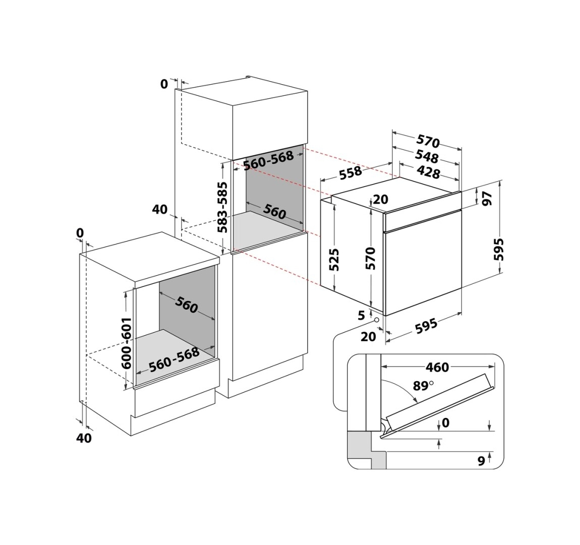 Schema che mostra le dimensioni di un forno a incasso e dei mobili circostanti.