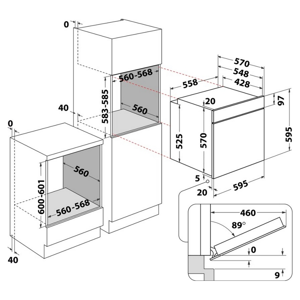 Disegno tecnico di un forno, che mostra dimensioni e posizionamento all'interno di un mobile.