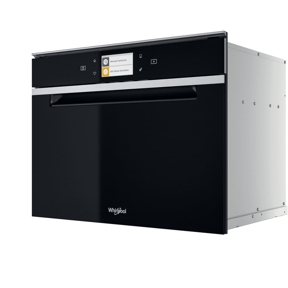 Forno nero con schermo digitale. Il forno è chiuso e ha una maniglia. Logo Whirlpool visibile.