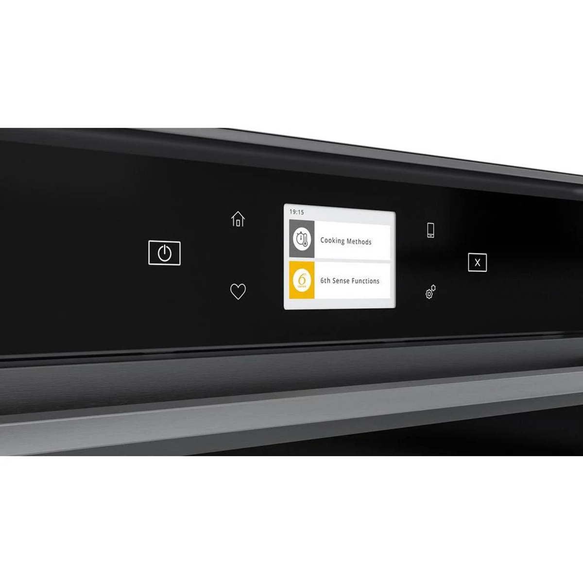 Primo piano del pannello di controllo del forno nero. Mostra il display con le opzioni.