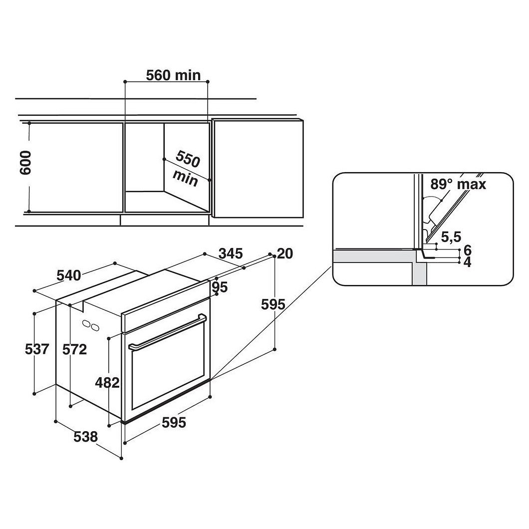 Diagramma che mostra le dimensioni di installazione di un forno.