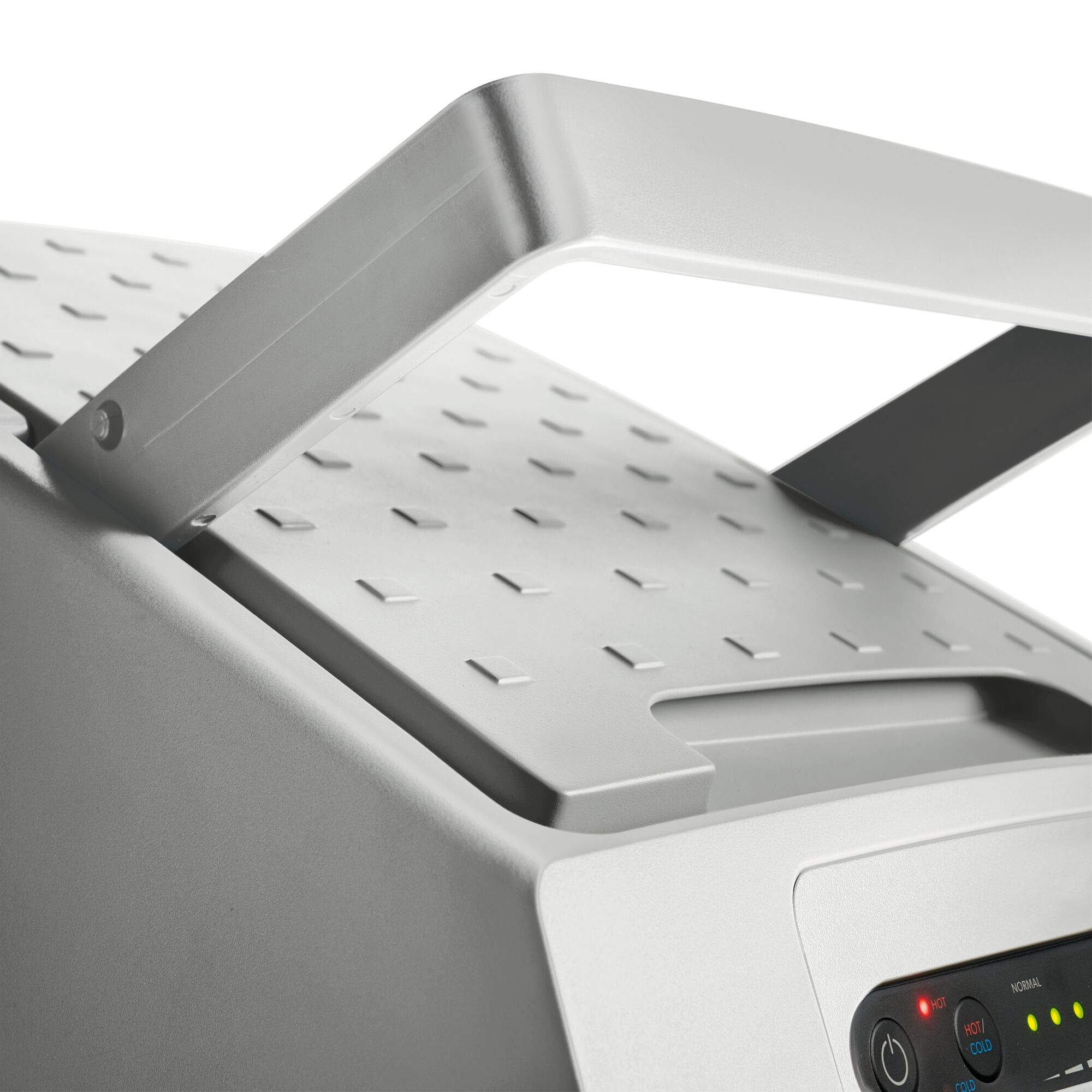 Zbliżenie szarego urządzenia z otwartą pokrywą. Przyciski i światła są widoczne.