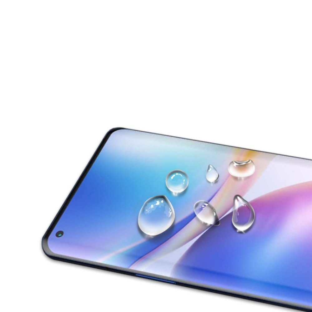 Nahaufnahme eines Telefonbildschirms mit Wassertropfen darauf. Bildschirm hat blaue und violette Farbtöne.