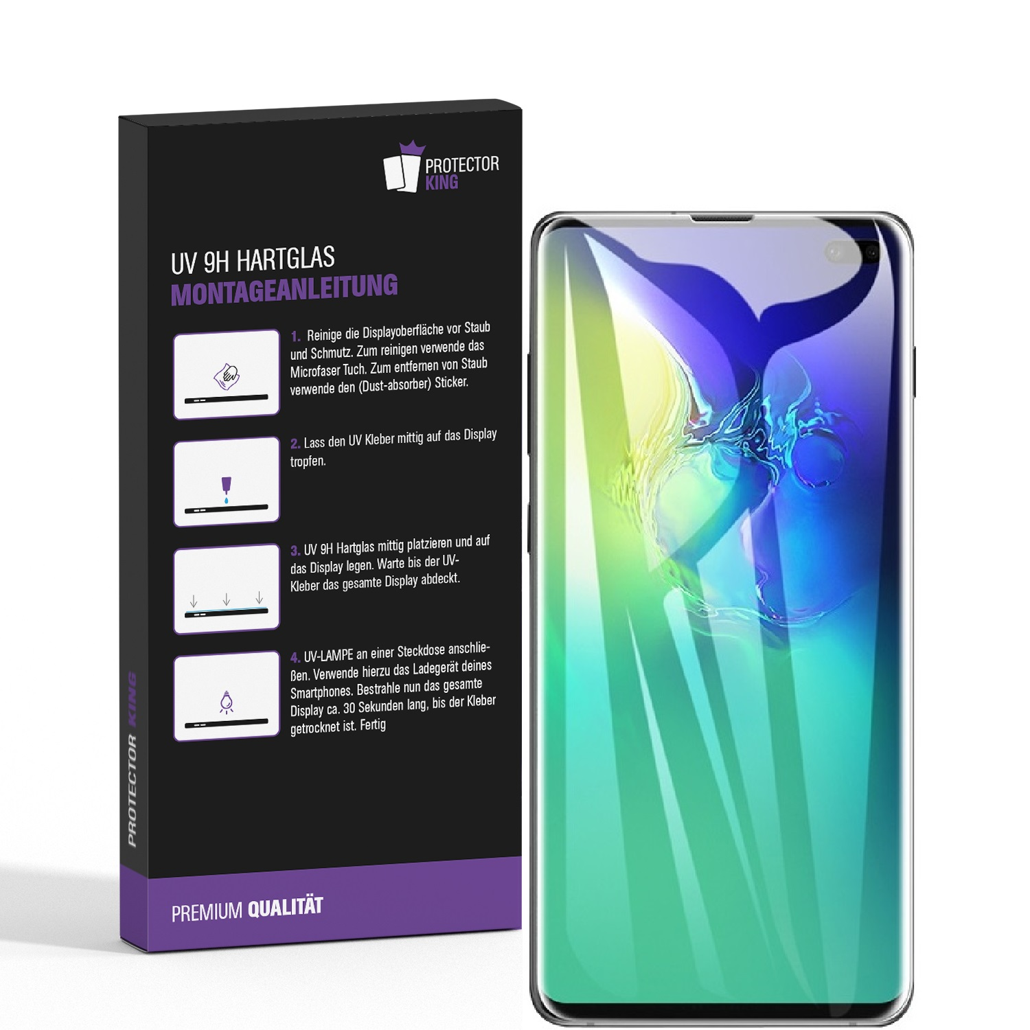 Telefon mit Displayschutz und Schachtel mit Anweisungen. Bildschirm und Schachtel sichtbar.