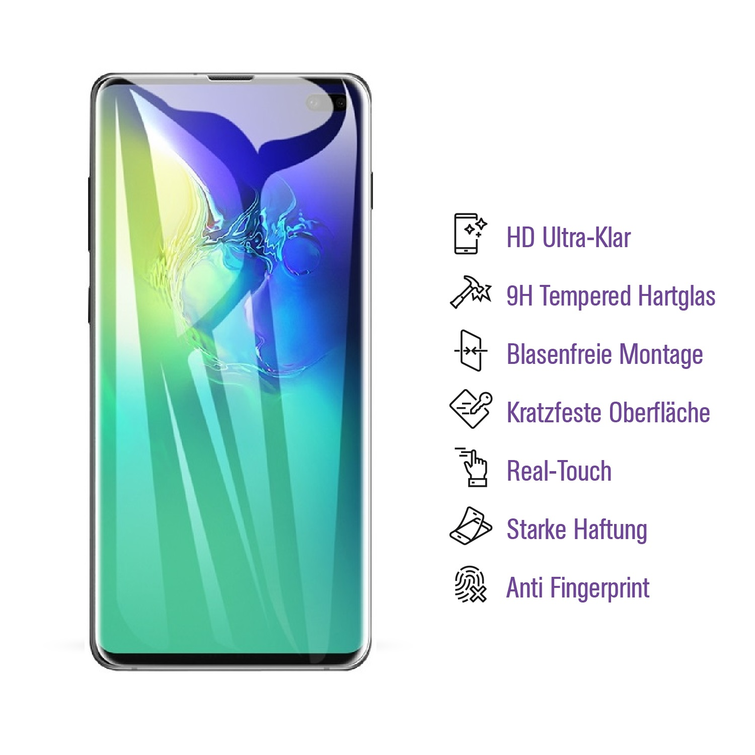 Ein Smartphone mit Displayschutzmerkmalen und einem Bildschirm, der ein farbenfrohes Bild zeigt.