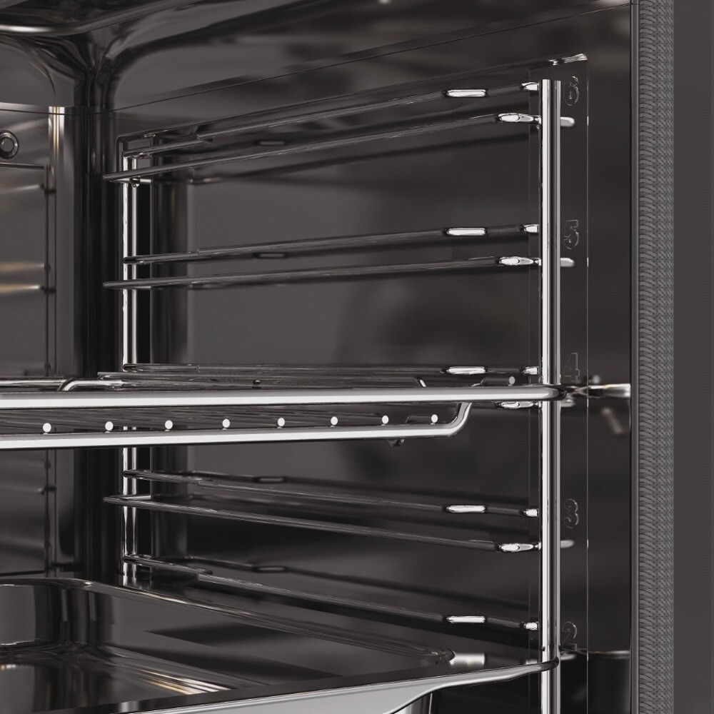 Interno di un forno con più ripiani, che mostra la struttura interna con supporti metallici.