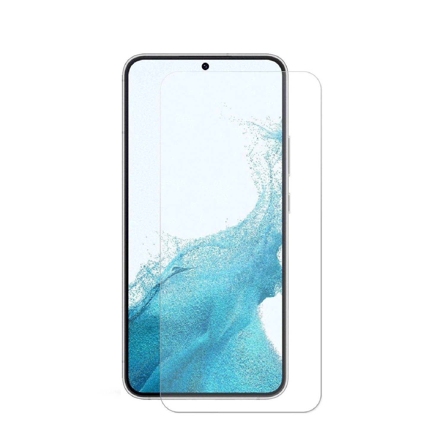 Telefon mit Displayschutz. Telefon zeigt blau-weißes Wellenmuster.