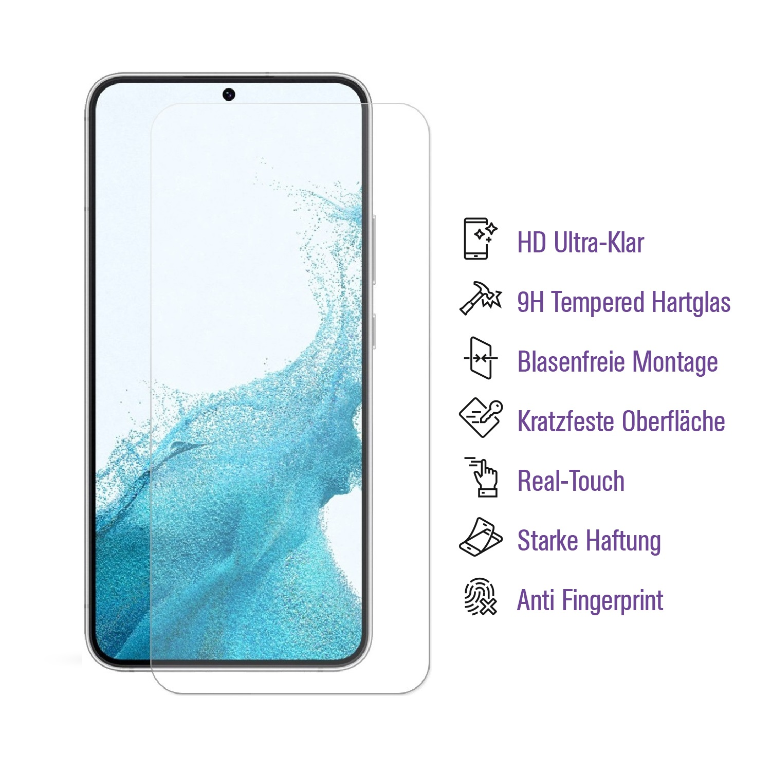 Handy-Displayschutz mit Textbeschriftungen. Ein Telefon ist links von den Beschriftungen platziert.