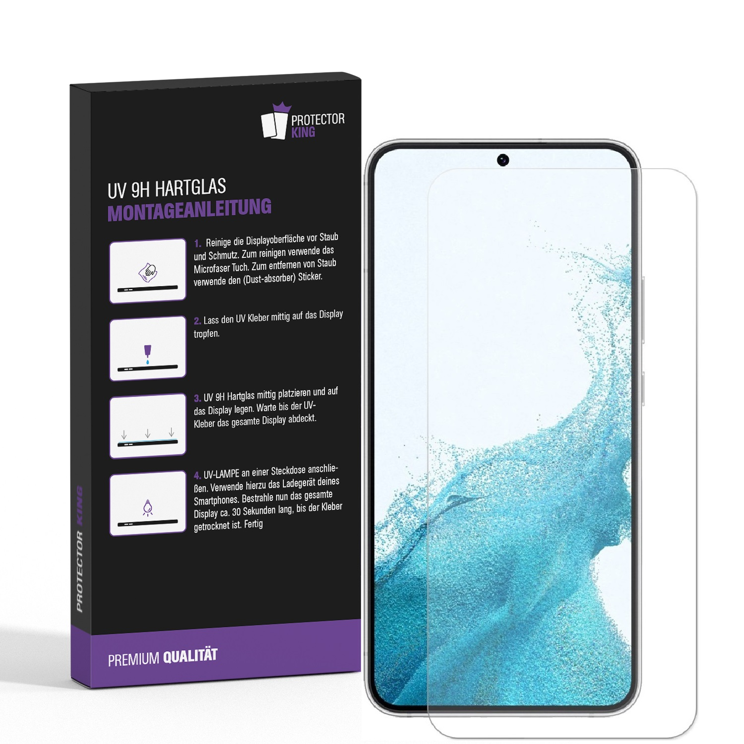 Handy-Displayschutzfolien-Kit: Glas, Handy und Anweisungen.