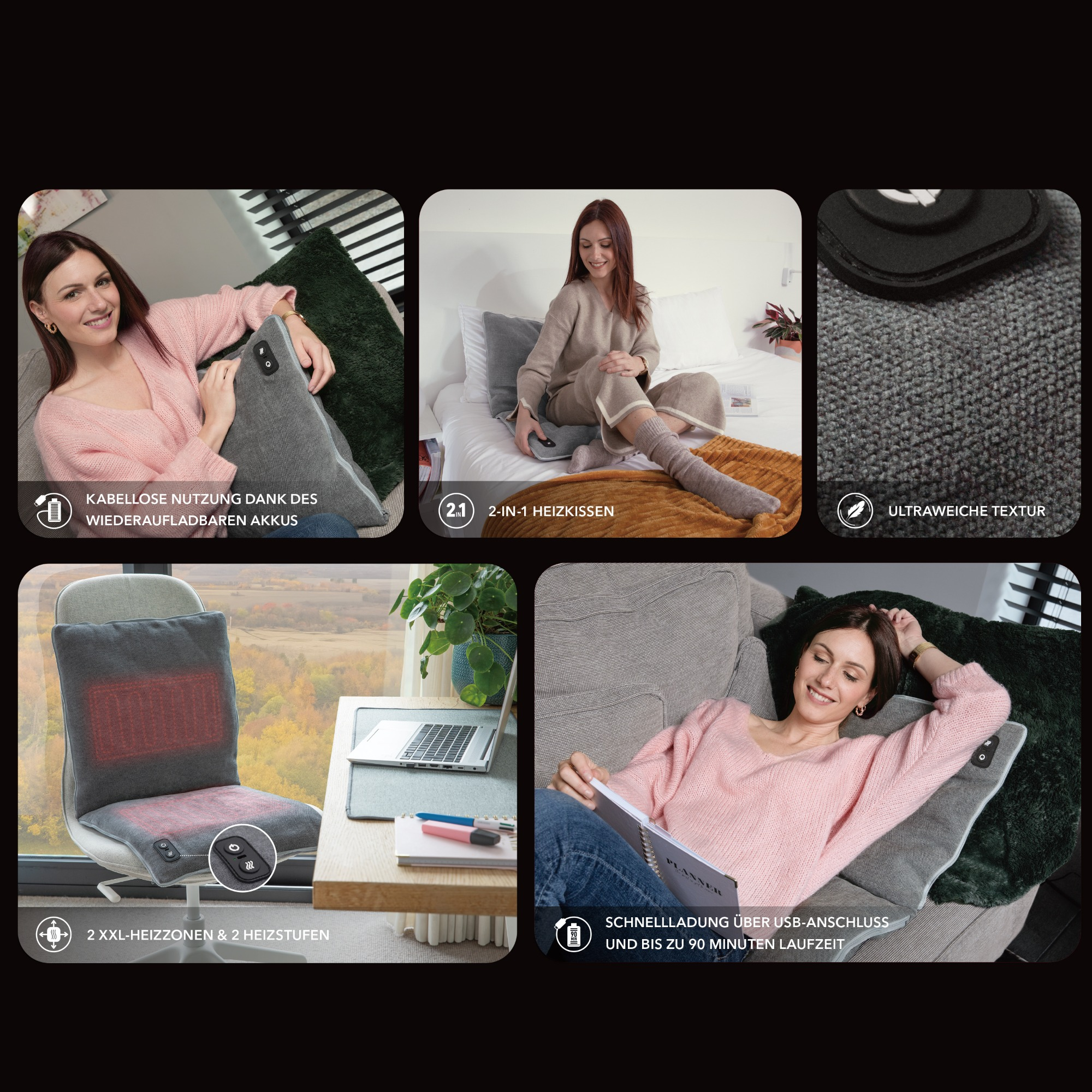 Collage von Frauen, die ein Heizkissen in verschiedenen Umgebungen verwenden.