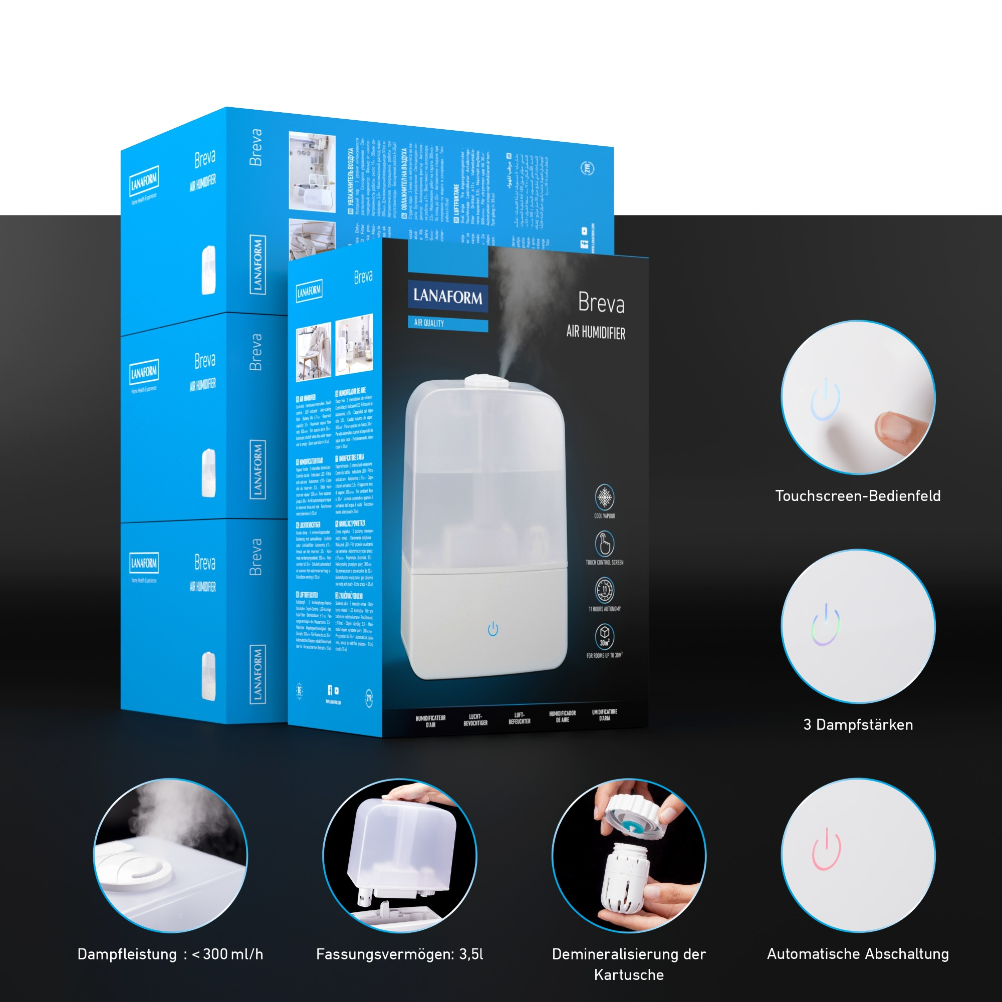 Box mit drei Boxen Luftbefeuchtern, mit Funktionen und Details.