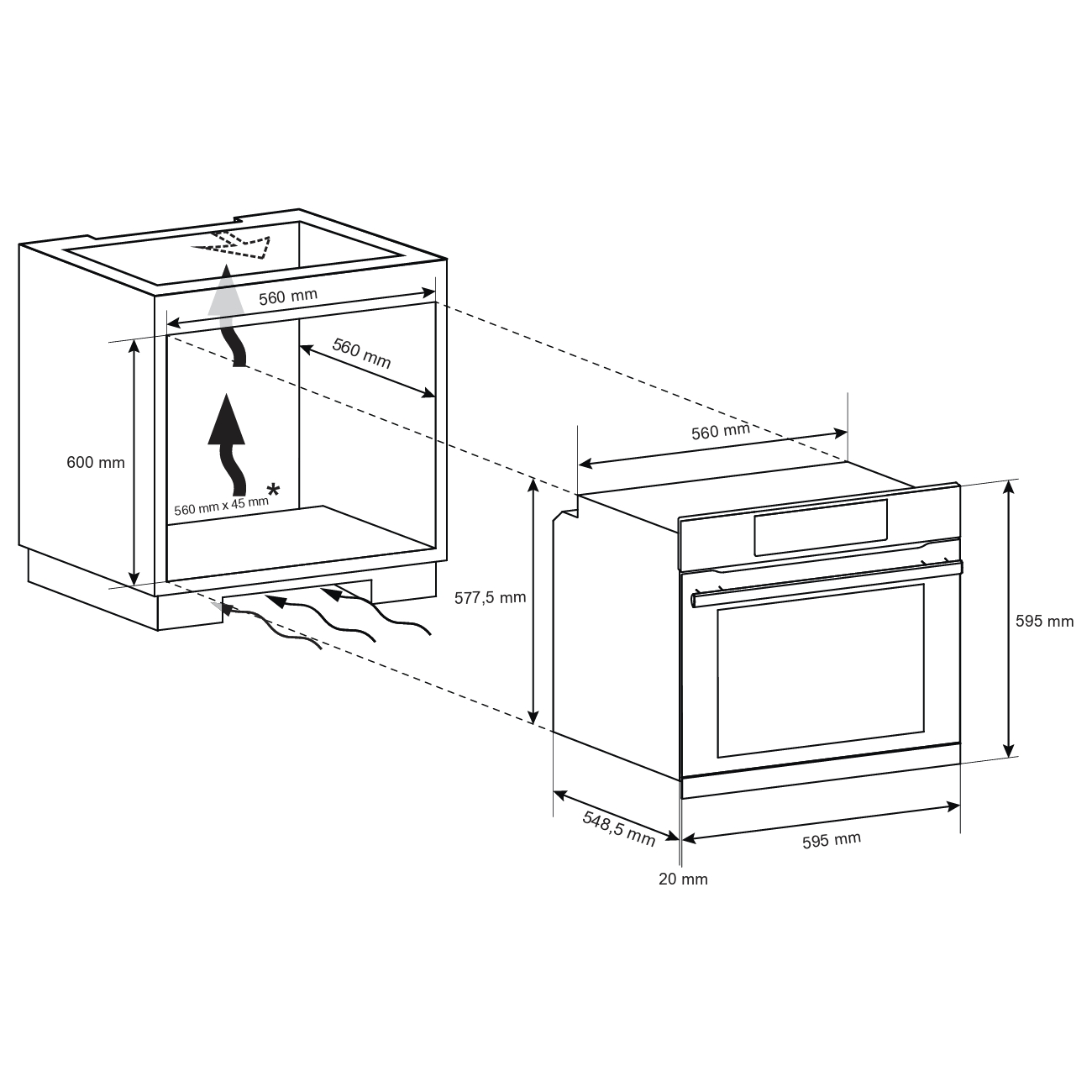 Diagramma di un forno, che mostra le dimensioni per l'installazione. Include misure e frecce.