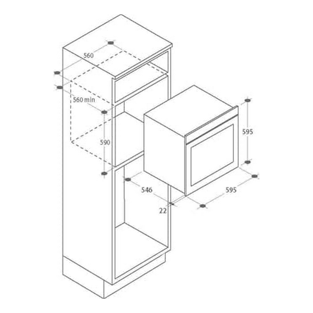 Disegno lineare di un mobile da cucina con forno. Dimensioni indicate in millimetri.
