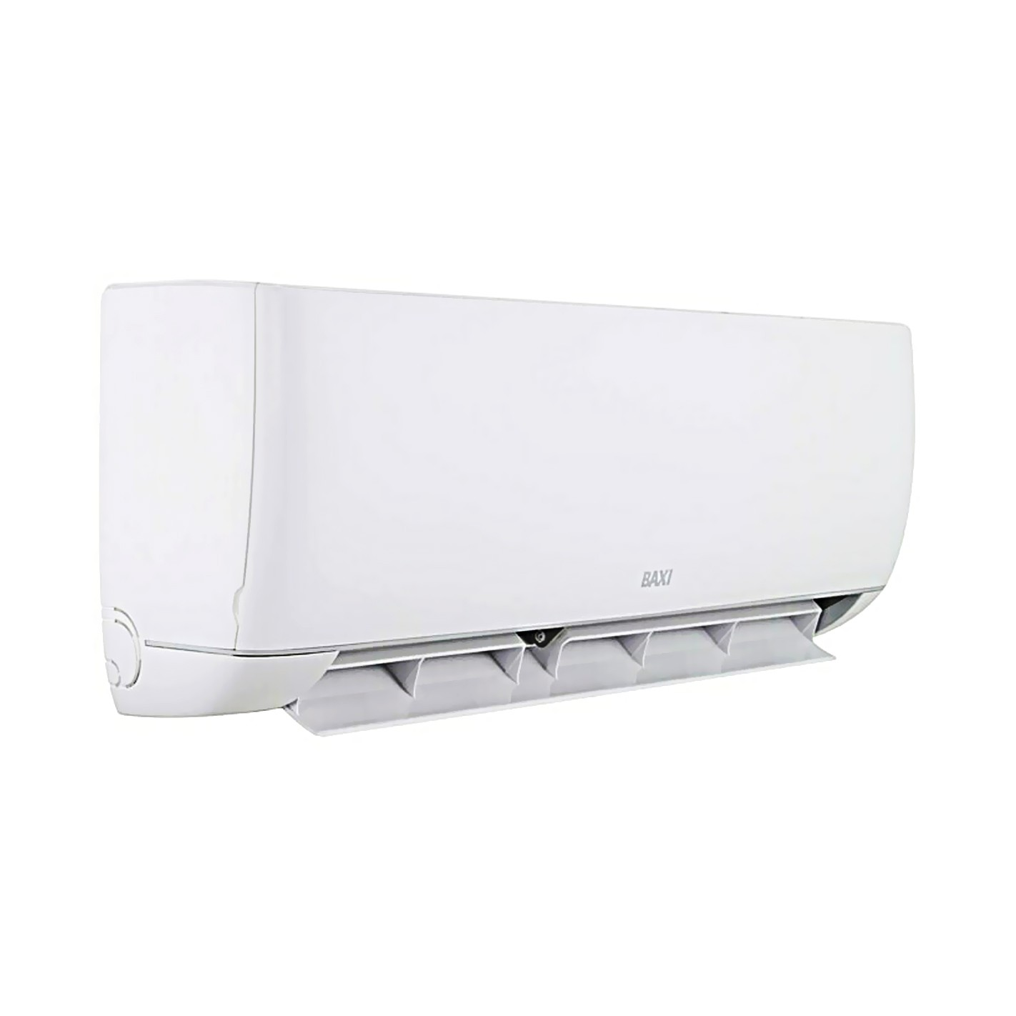 Aire acondicionado BAXI blanco sobre fondo blanco, mostrando el frente.