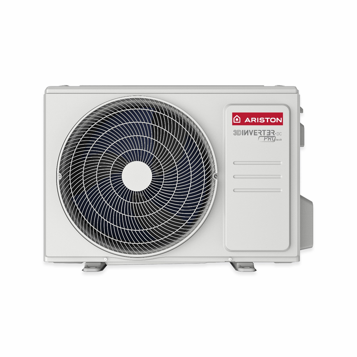 Unidad de aire acondicionado blanca con ventilador y logo Ariston. Fondo blanco.