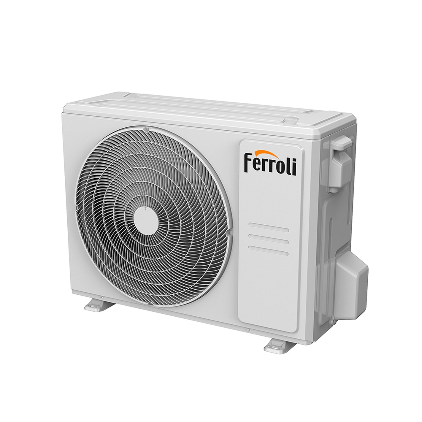 Aire acondicionado Ferroli blanco. Ventilador circular en la parte delantera.