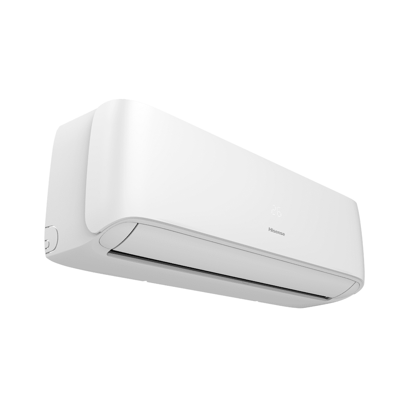 Aire acondicionado blanco con una pantalla digital que muestra el número 26. Logotipo Hisense.