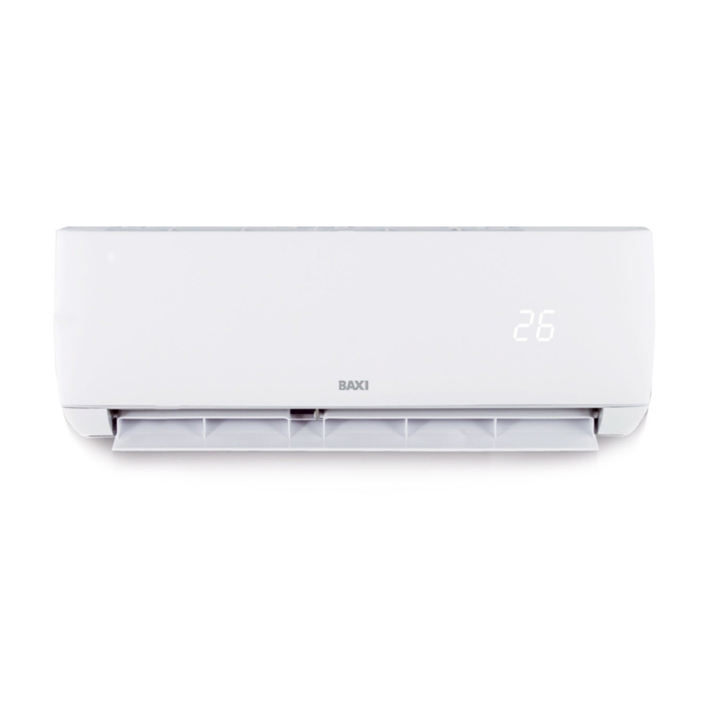 Aire acondicionado BAXI blanco con pantalla digital mostrando 26, sobre fondo blanco.