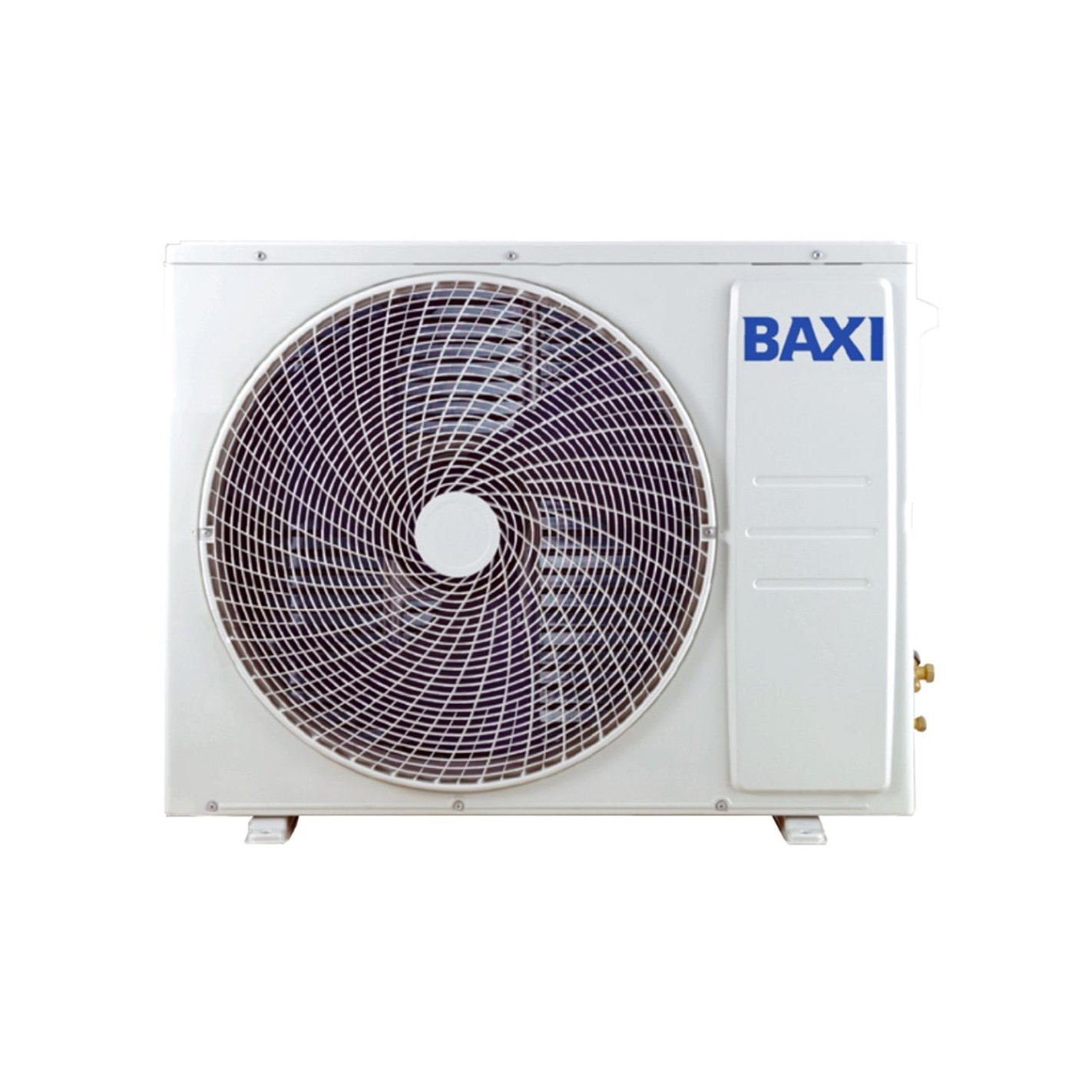 Unidad de aire acondicionado blanca con un ventilador, la palabra BAXI en azul en el lateral.