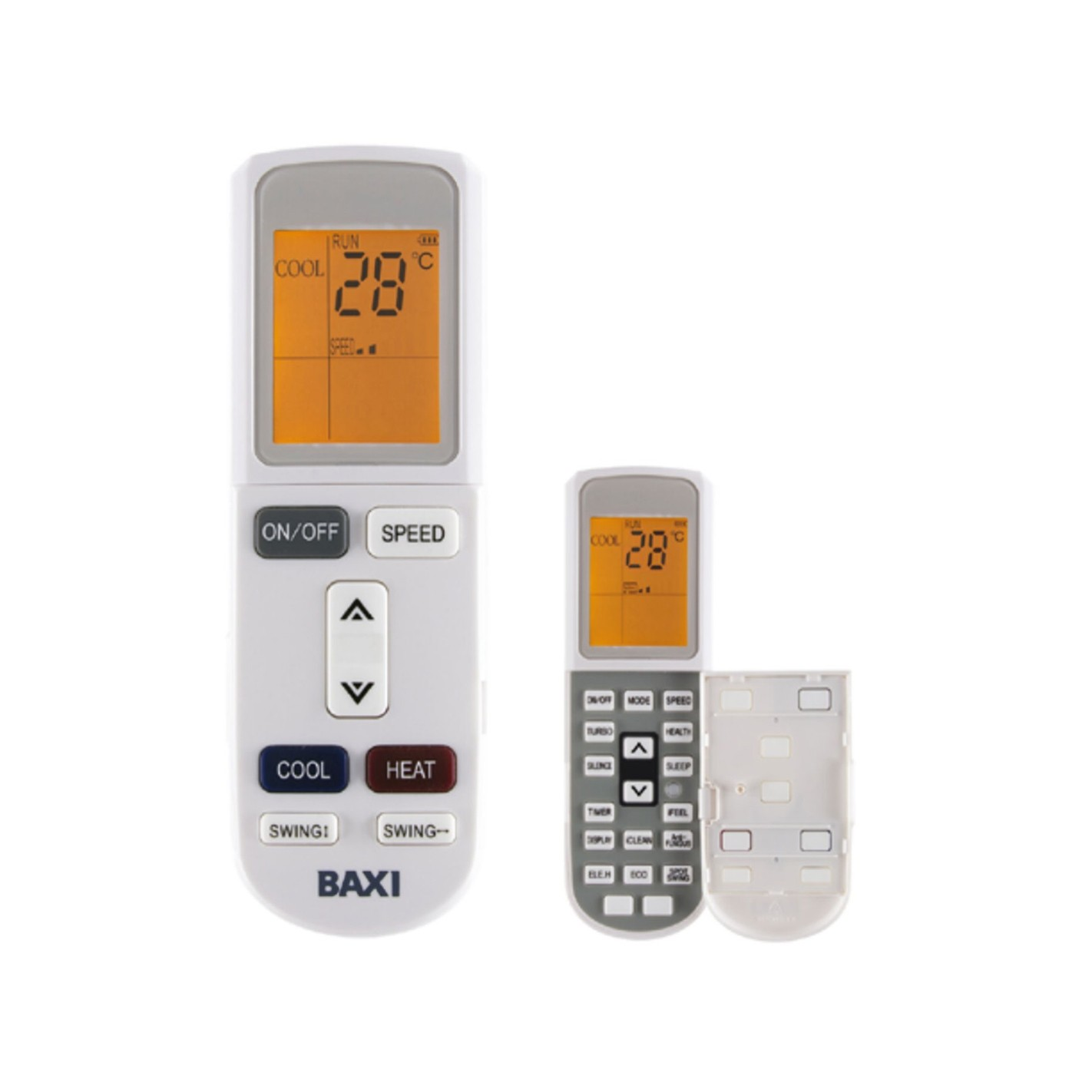 Mando a distancia blanco con pantalla digital '28' y tapa de batería.