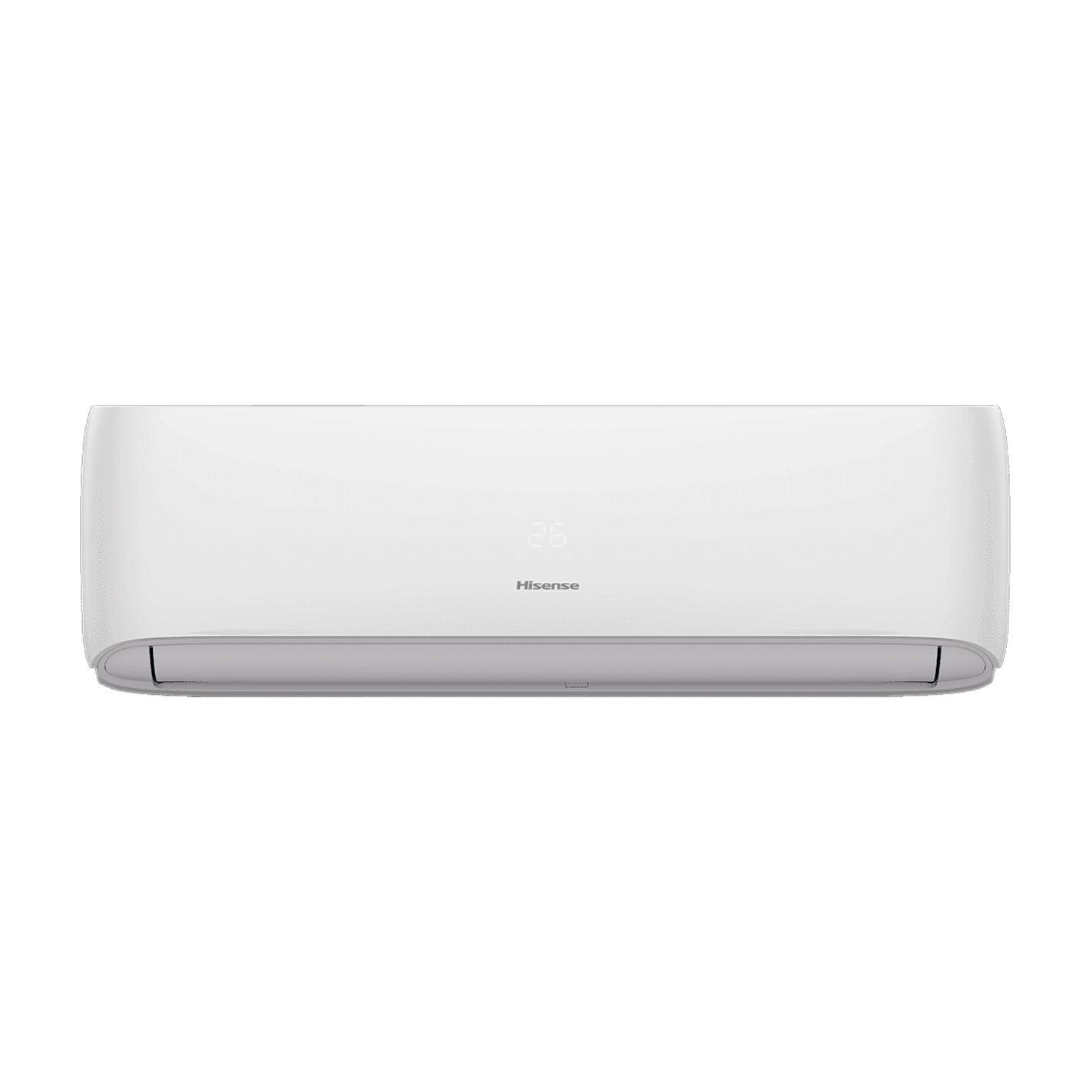 Aire acondicionado blanco con el logotipo de Hisense y una pantalla digital que muestra el número 28, sobre fondo blanco.