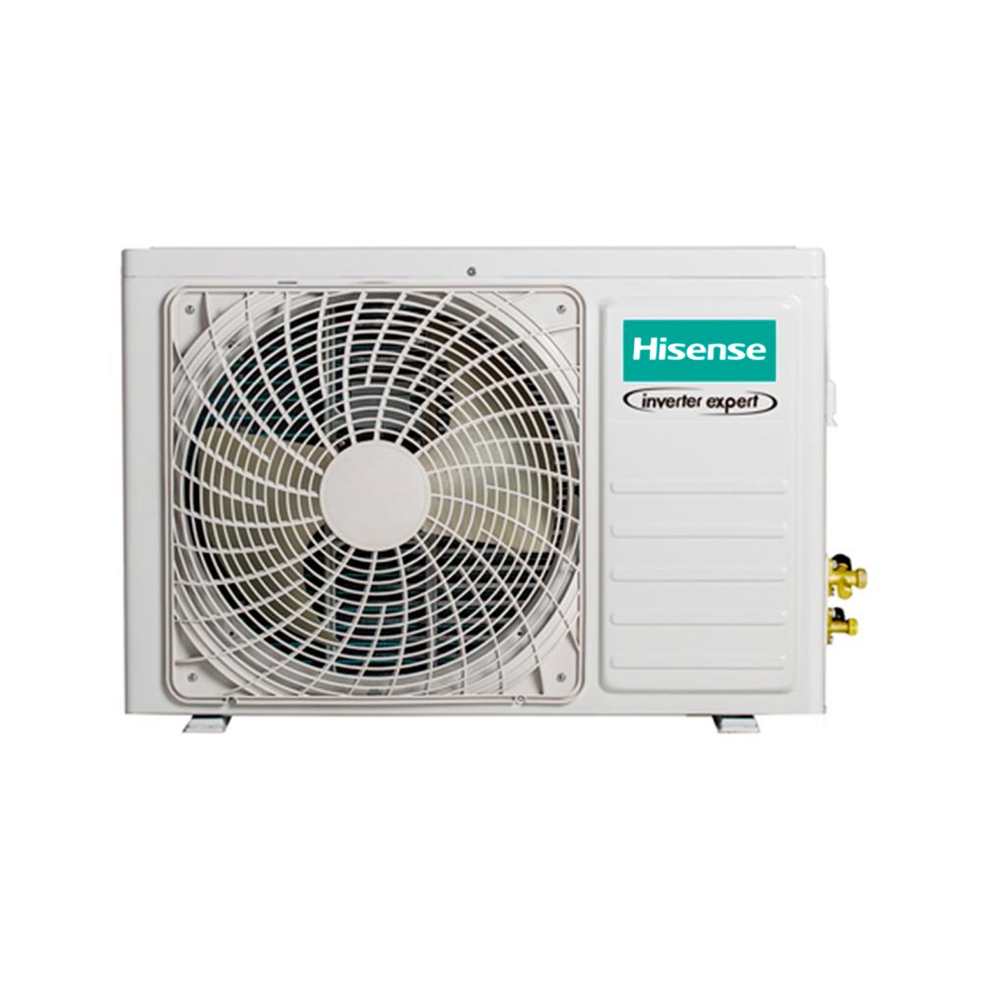 Unidad exterior de aire acondicionado Hisense blanca con ventilador y logotipo verde, sobre fondo blanco.